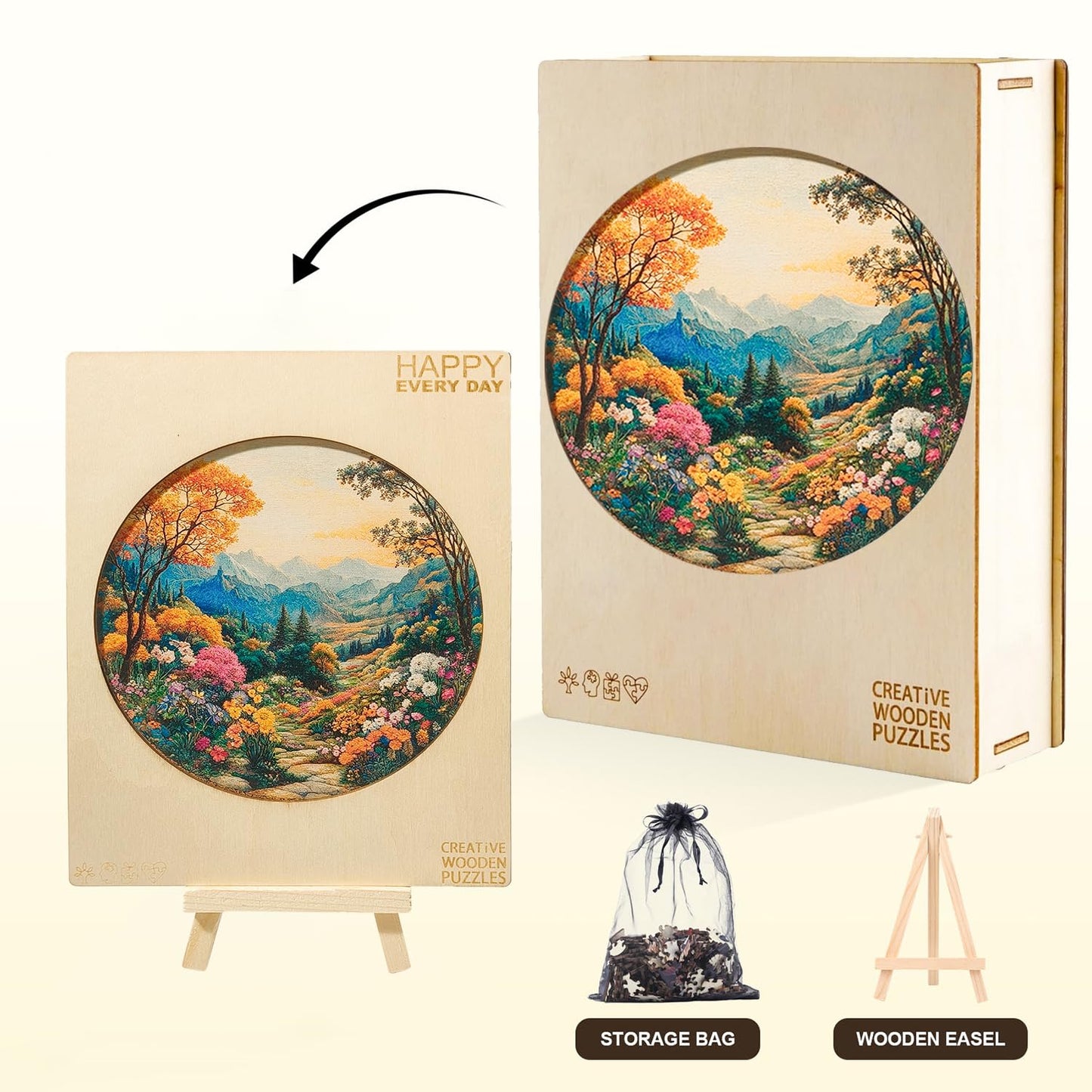 Jollitot Round 300-Piece Wooden Puzzle – Mountain Landscape, Irregular Laser-Cut, 13.4in Wall Decor