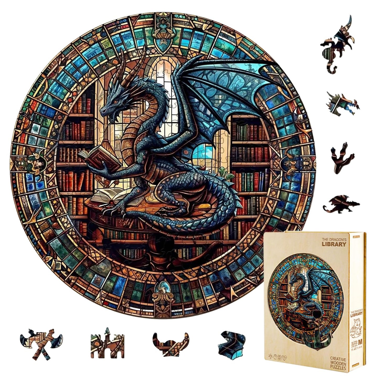 Jollitot Dragon Library Puzzle – 505-Piece Wooden Jigsaw for Adults | Unique Animal Shapes 17.3 x 17.3 in