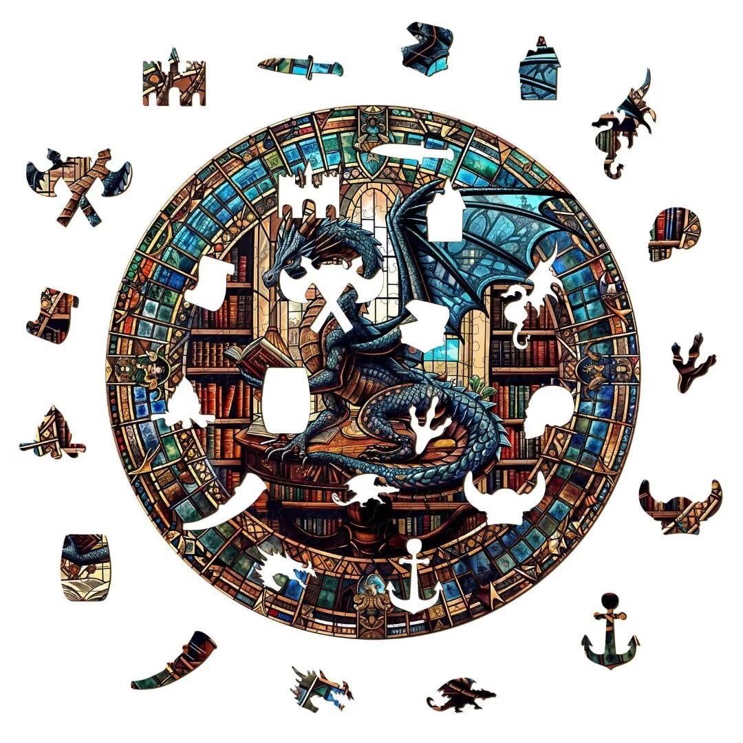Jollitot Dragon Library Puzzle – 505-Piece Wooden Jigsaw for Adults | Unique Animal Shapes 17.3 x 17.3 in