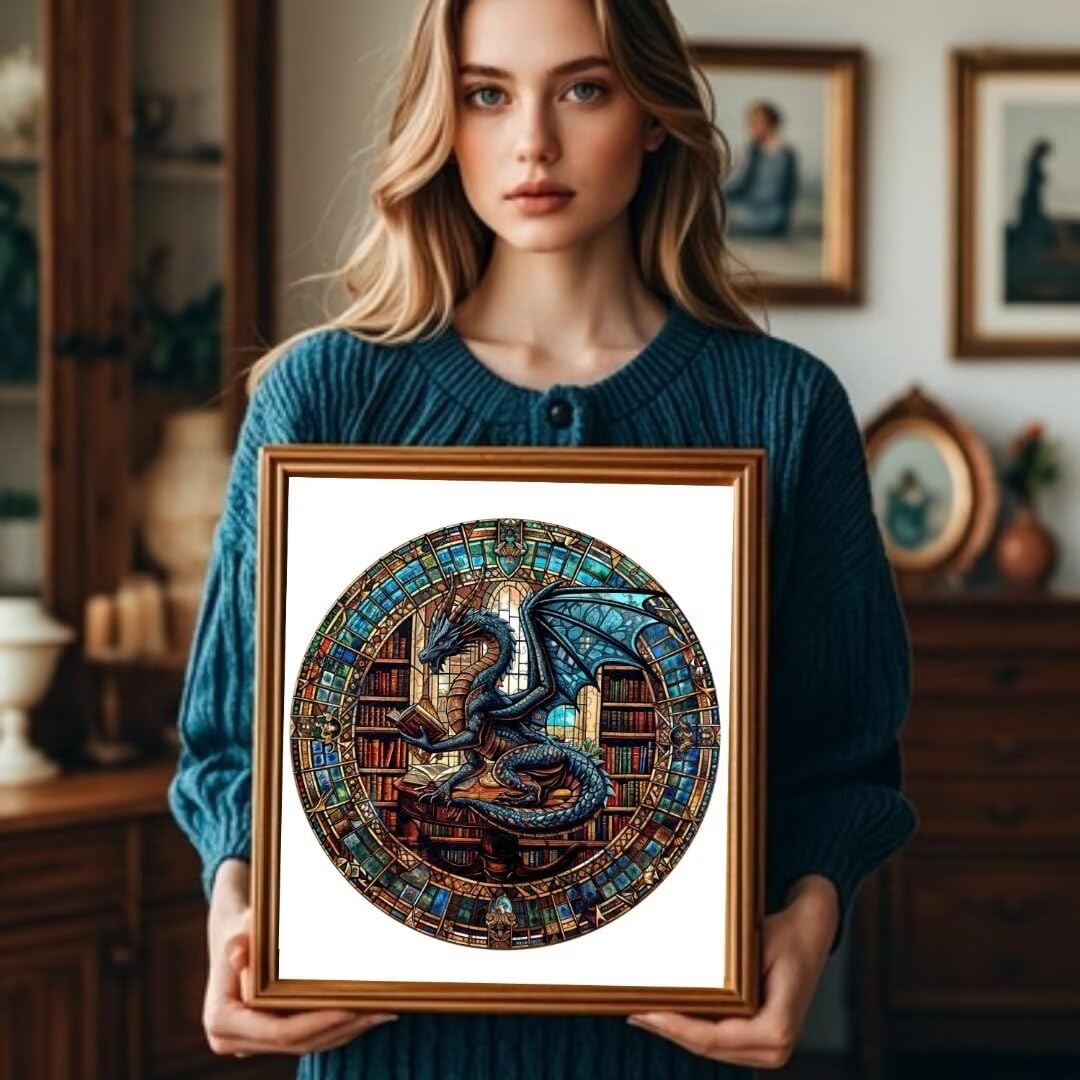 Jollitot Dragon Library Puzzle – 505-Piece Wooden Jigsaw for Adults | Unique Animal Shapes 17.3 x 17.3 in