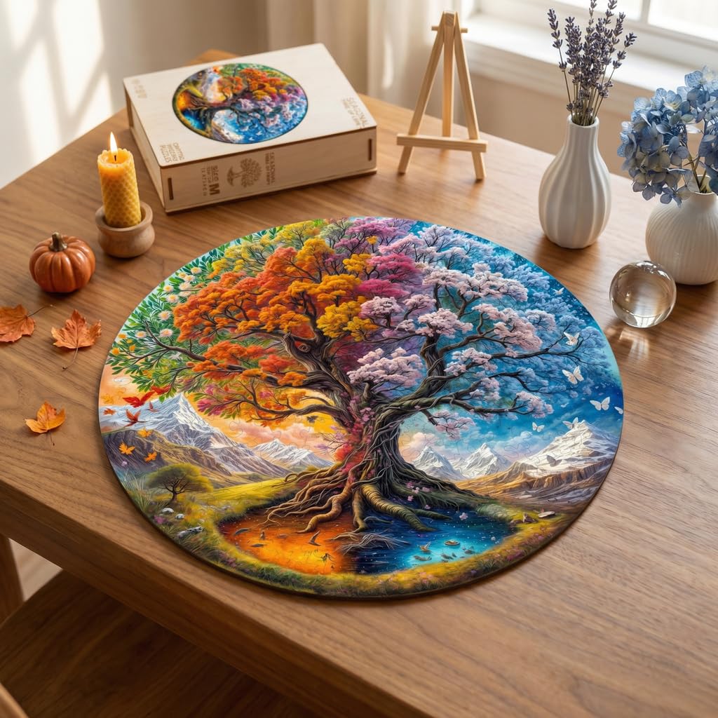 Jollitot Wooden Puzzles for Adults – Round 100-Piece Tree of Life Seasonal Mandala | Unique Animal Shapes