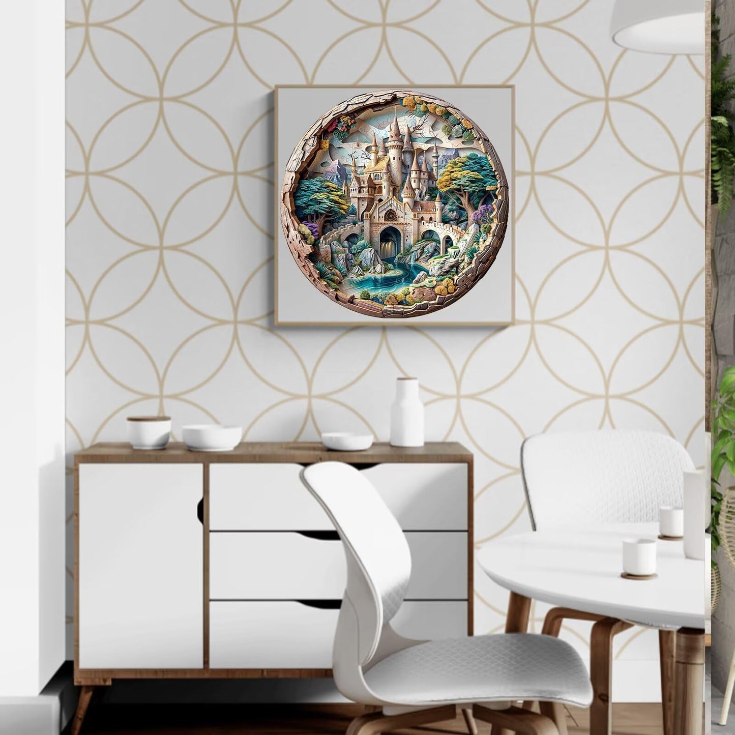 Jollitot Wooden Round Castle Puzzle – 300-Piece 3D Fantasy Jigsaw, Wall Art (13.4x13.4in)