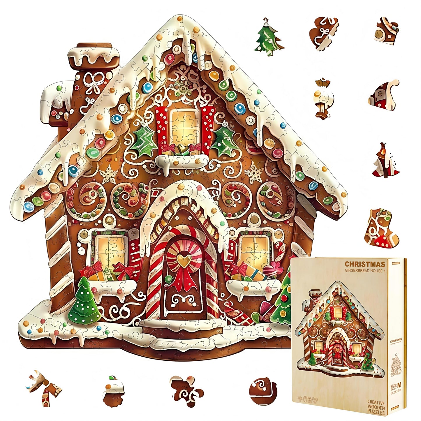 Jollitot Wooden Gingerbread House Puzzle — 185-Piece Holiday Shaped Jigsaw for Adults, Wall Decor 11.5x11 in