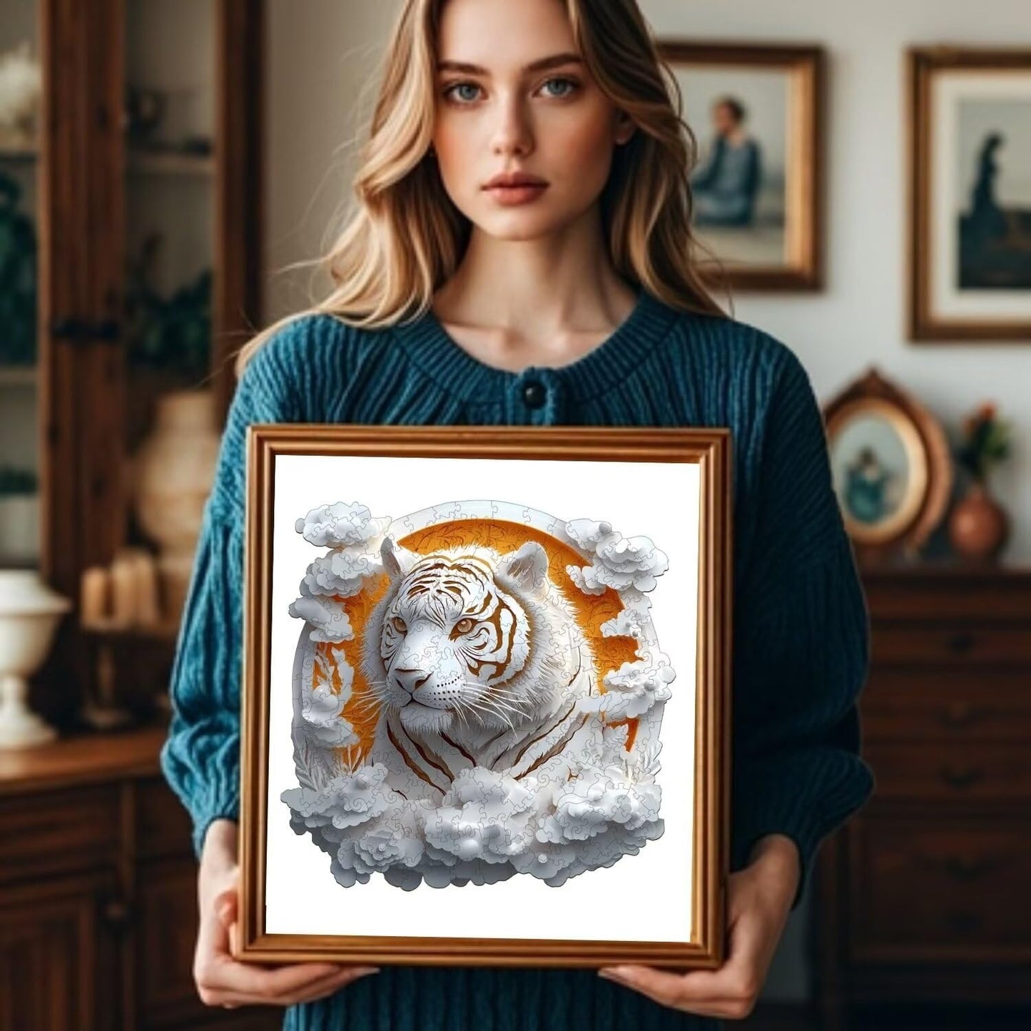 Jollitot White Tiger 3D Wooden Puzzle - 300 Pieces, Irregular Paper-Cut Art