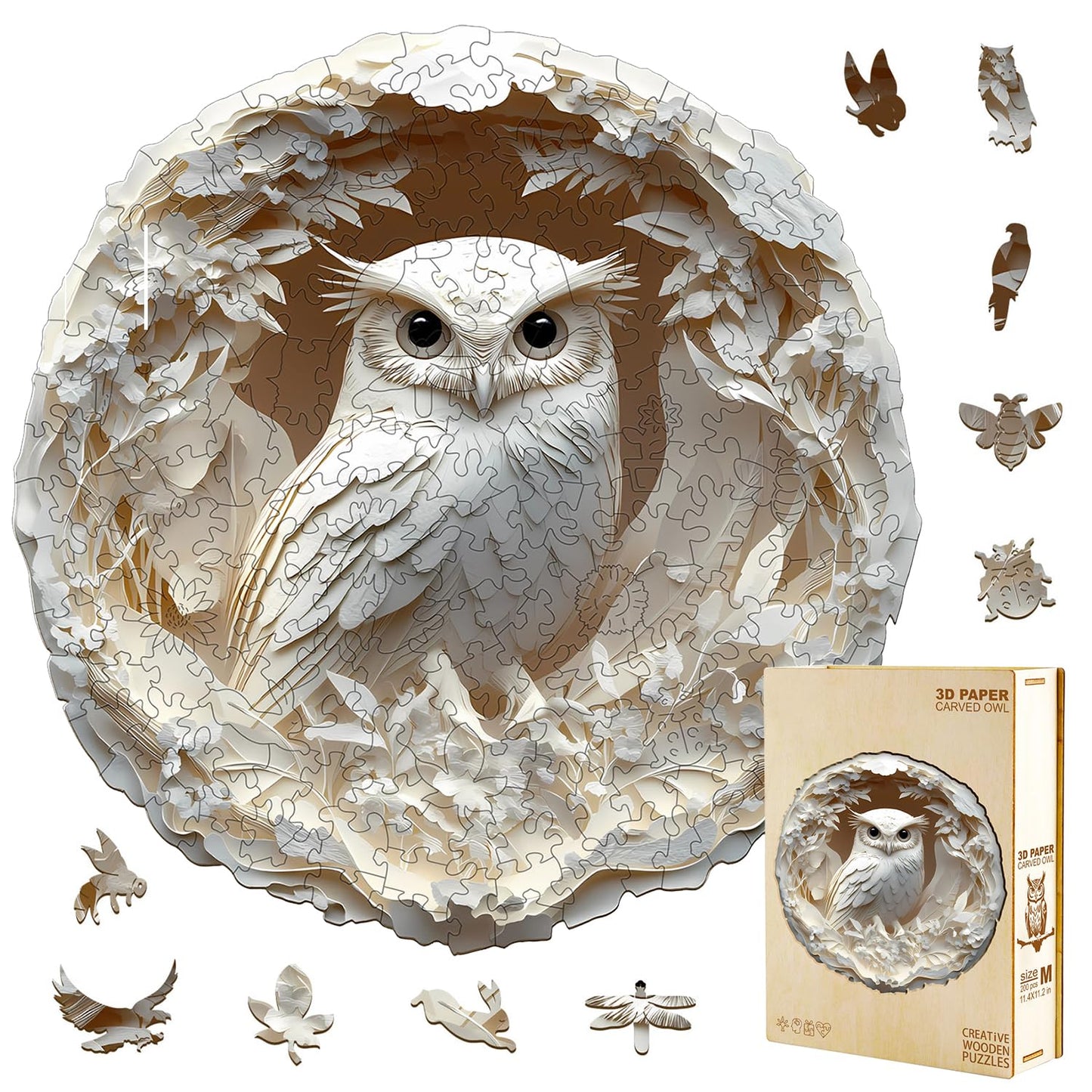 Jollitot Wooden Owl Puzzle 200-Piece — 3D Carved Animal Jigsaw, 11.4x11.3in
