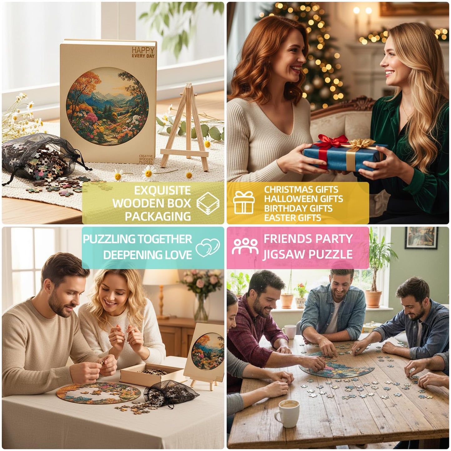 Jollitot Round 300-Piece Wooden Puzzle – Mountain Landscape, Irregular Laser-Cut, 13.4in Wall Decor