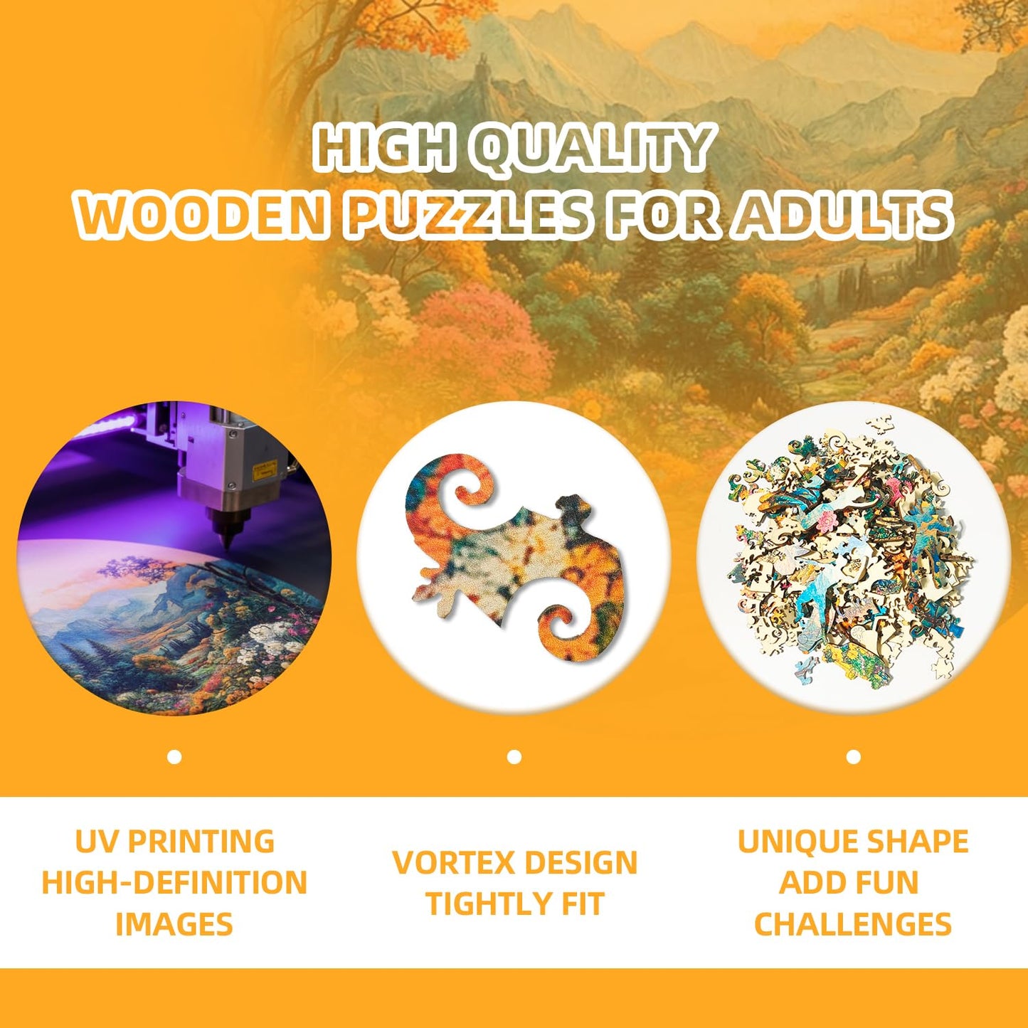 Jollitot Round 300-Piece Wooden Puzzle – Mountain Landscape, Irregular Laser-Cut, 13.4in Wall Decor