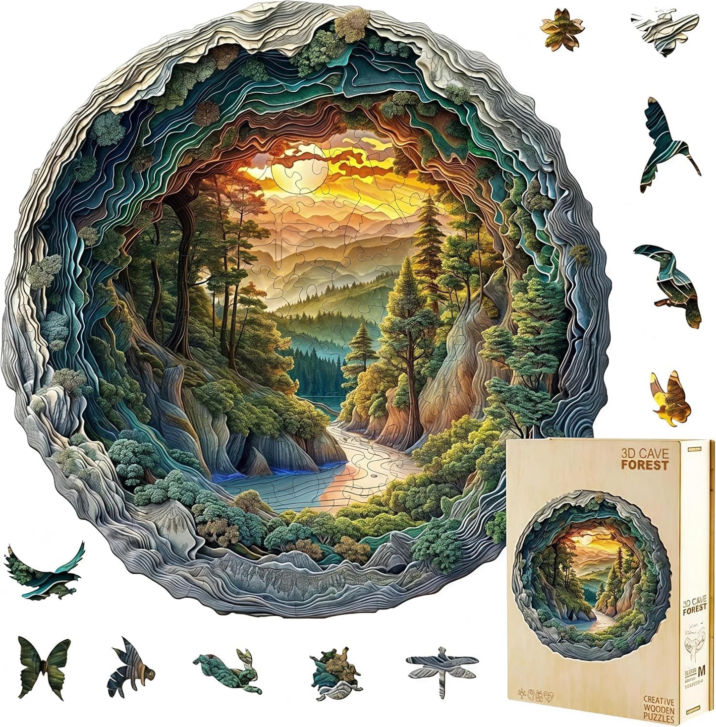 Jollitot Round 3D Cave Forest Wooden Puzzle – 200 Pieces | Wall Art Gift (11.4in)