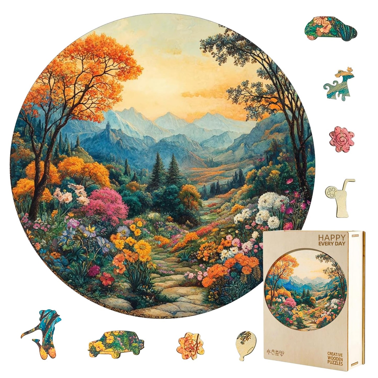 Jollitot Round 300-Piece Wooden Puzzle – Mountain Landscape, Irregular Laser-Cut, 13.4in Wall Decor
