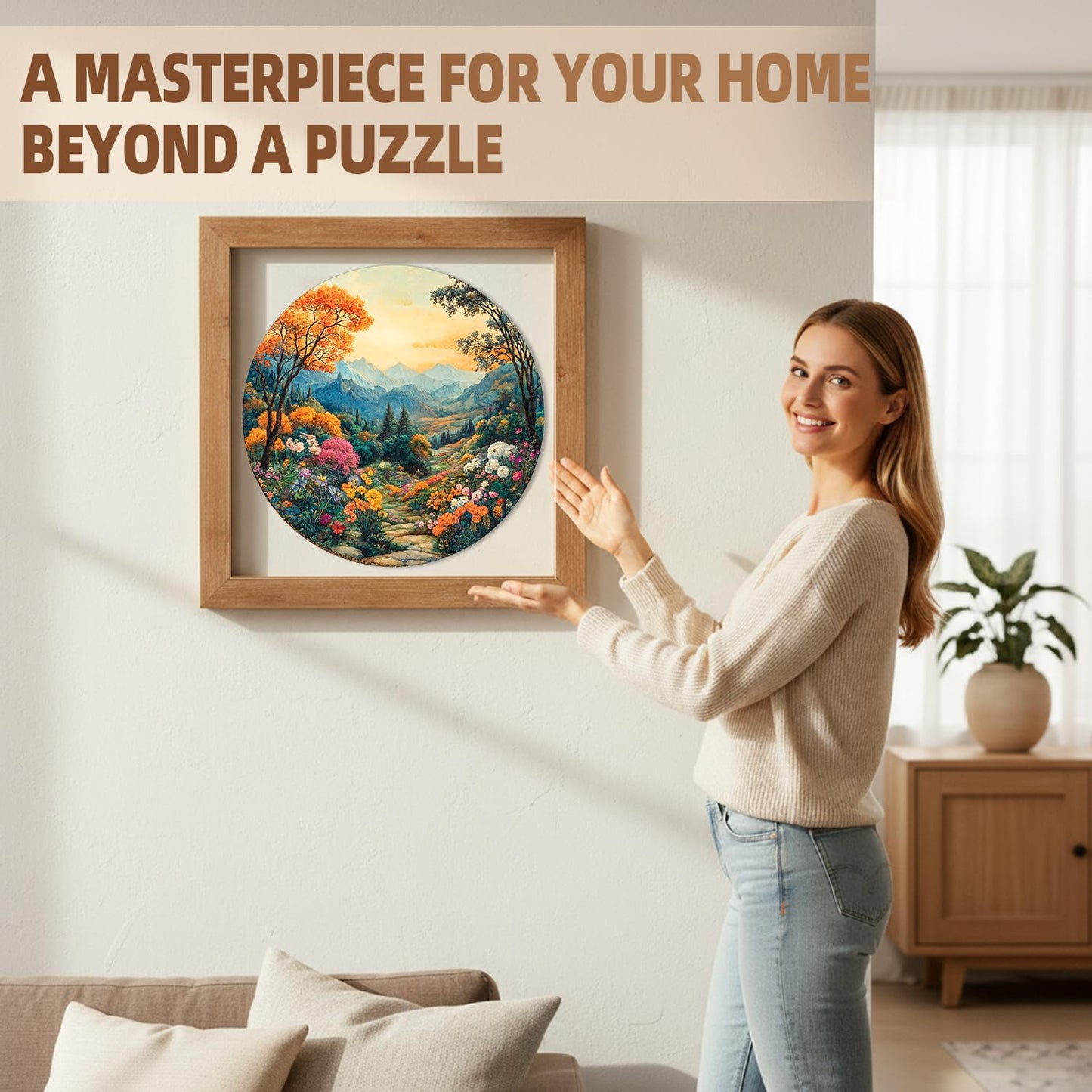 Jollitot Round 300-Piece Wooden Puzzle – Mountain Landscape, Irregular Laser-Cut, 13.4in Wall Decor