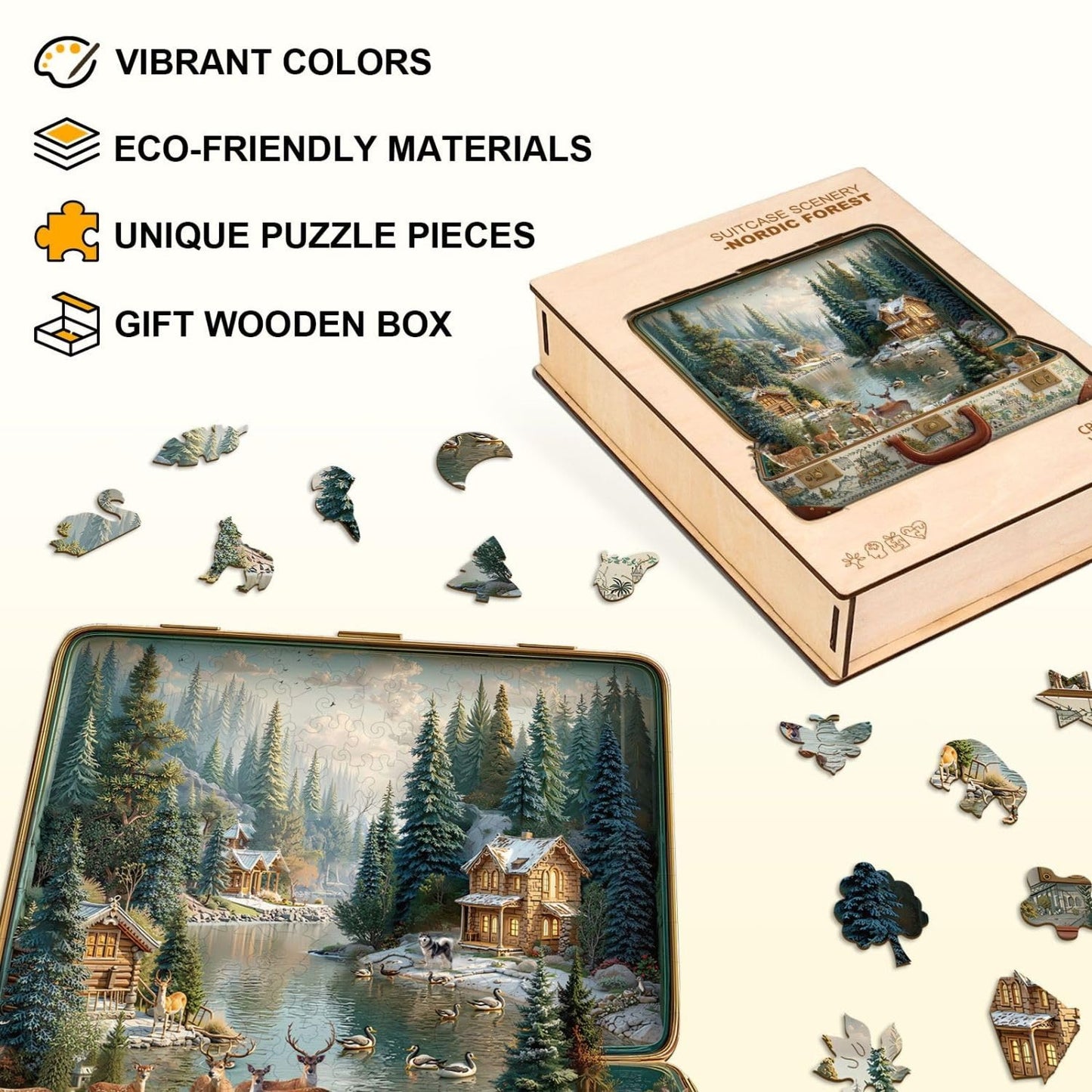 Jollitot Suitcase Scenery Nordic Forest Puzzle – 200 Pieces, Wooden, 11.4 x 11 in