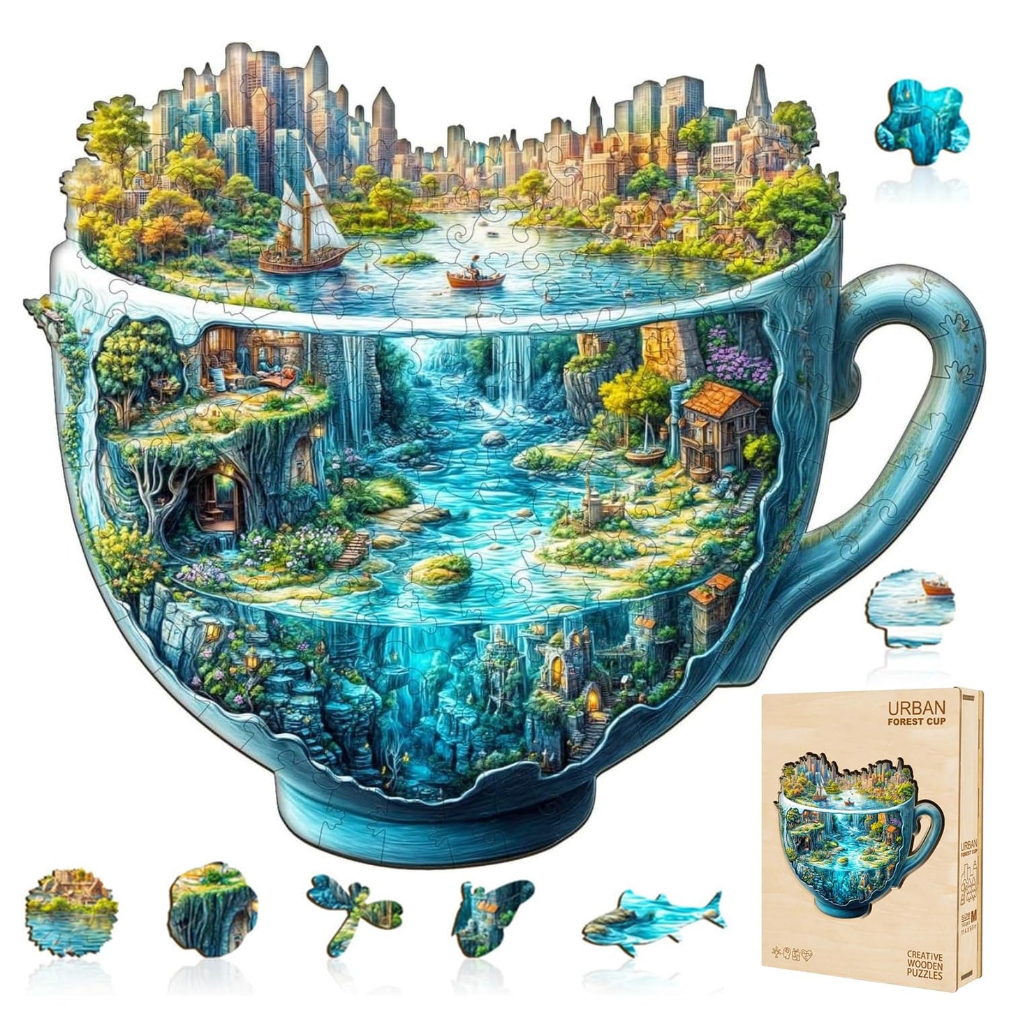 Jollitot Wooden Puzzles for Adults — Urban Forest Cup 195 Pieces, 13.4 x 11.4 in, Unique Animal-Shaped Jigsaw