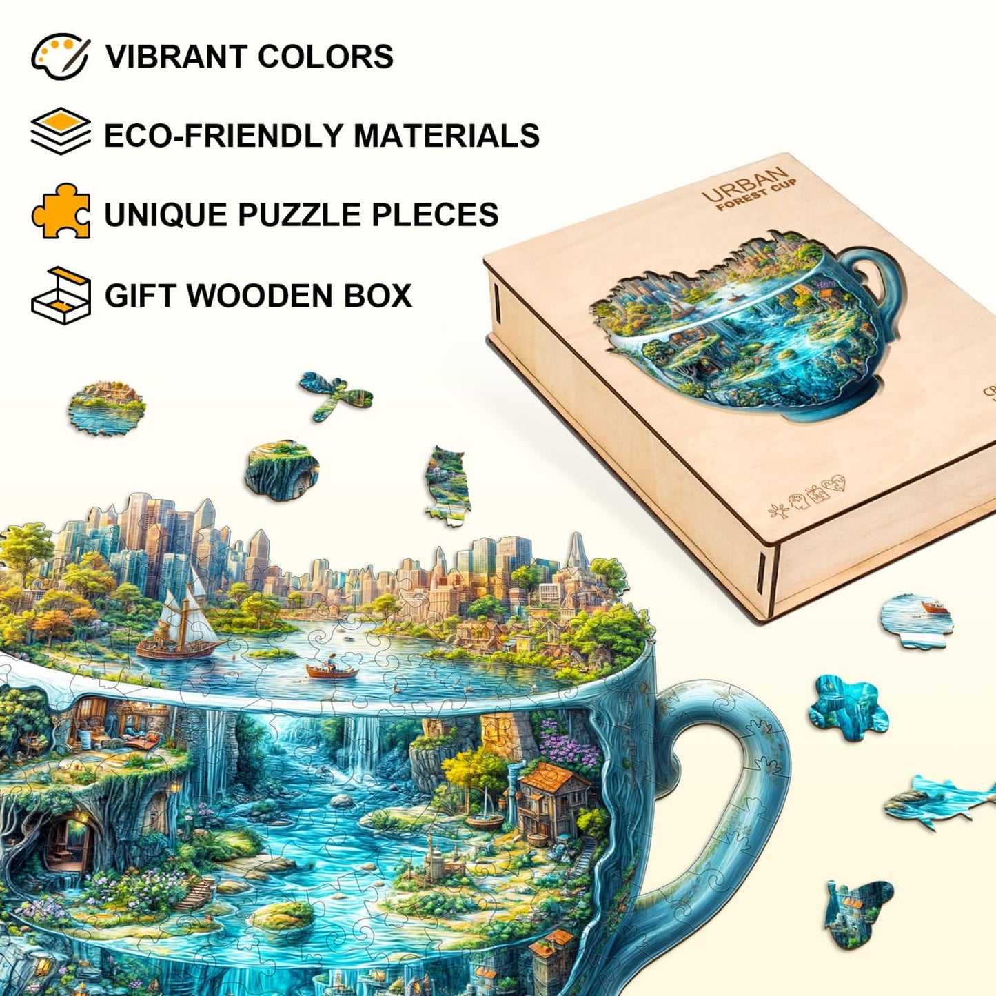 Jollitot Wooden Puzzles for Adults — Urban Forest Cup 195 Pieces, 13.4 x 11.4 in, Unique Animal-Shaped Jigsaw