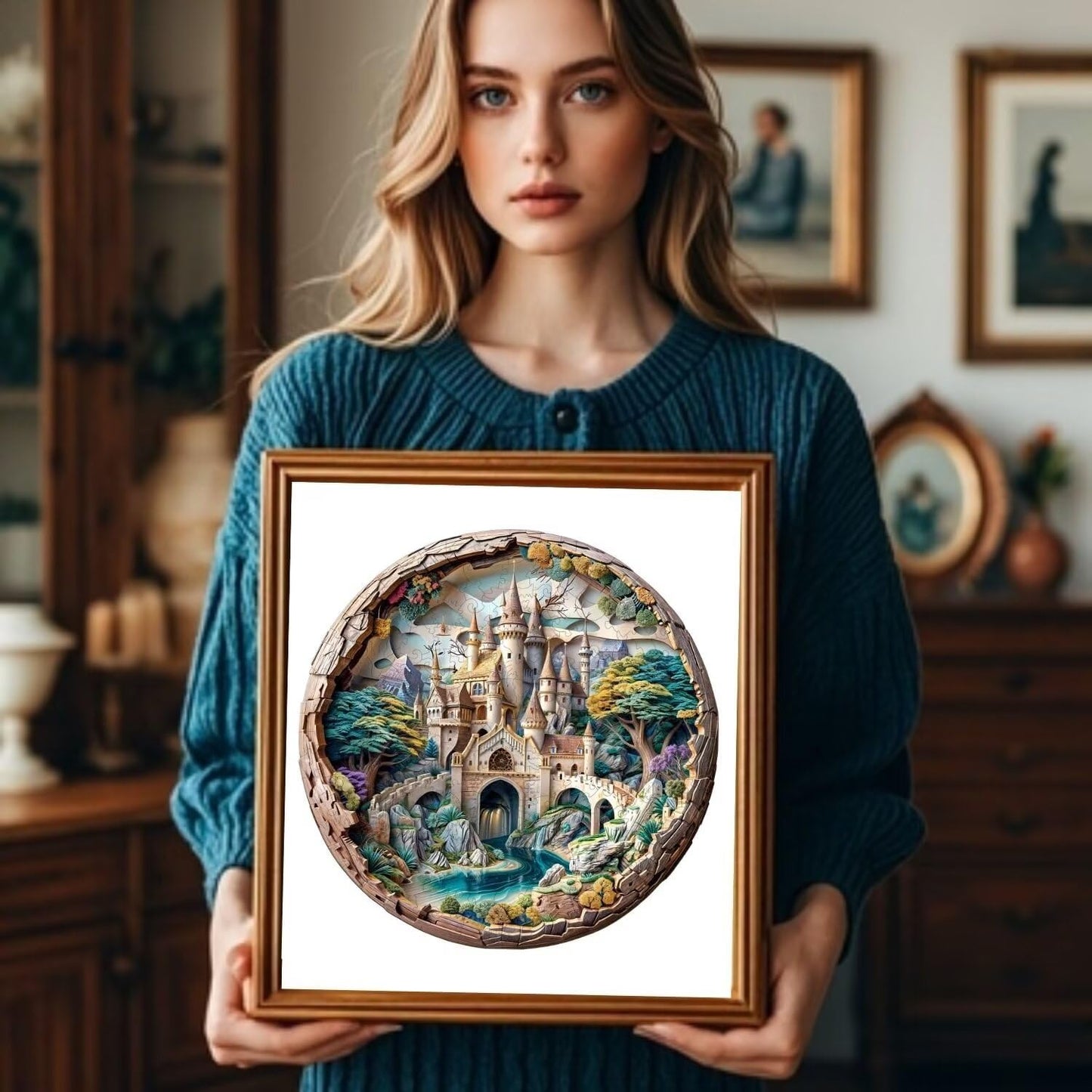 Jollitot Wooden Round Castle Puzzle – 300-Piece 3D Fantasy Jigsaw, Wall Art (13.4x13.4in)