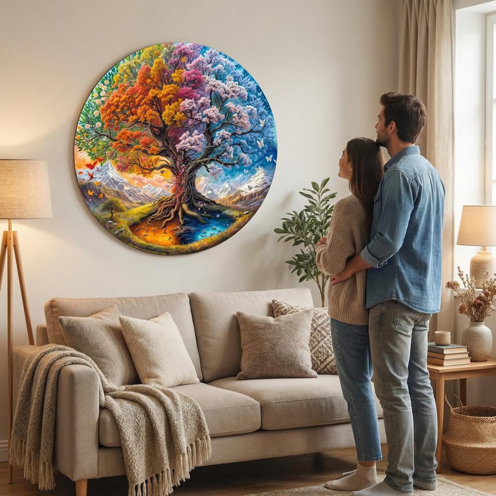 Jollitot Wooden Puzzles for Adults – Round 100-Piece Tree of Life Seasonal Mandala | Unique Animal Shapes