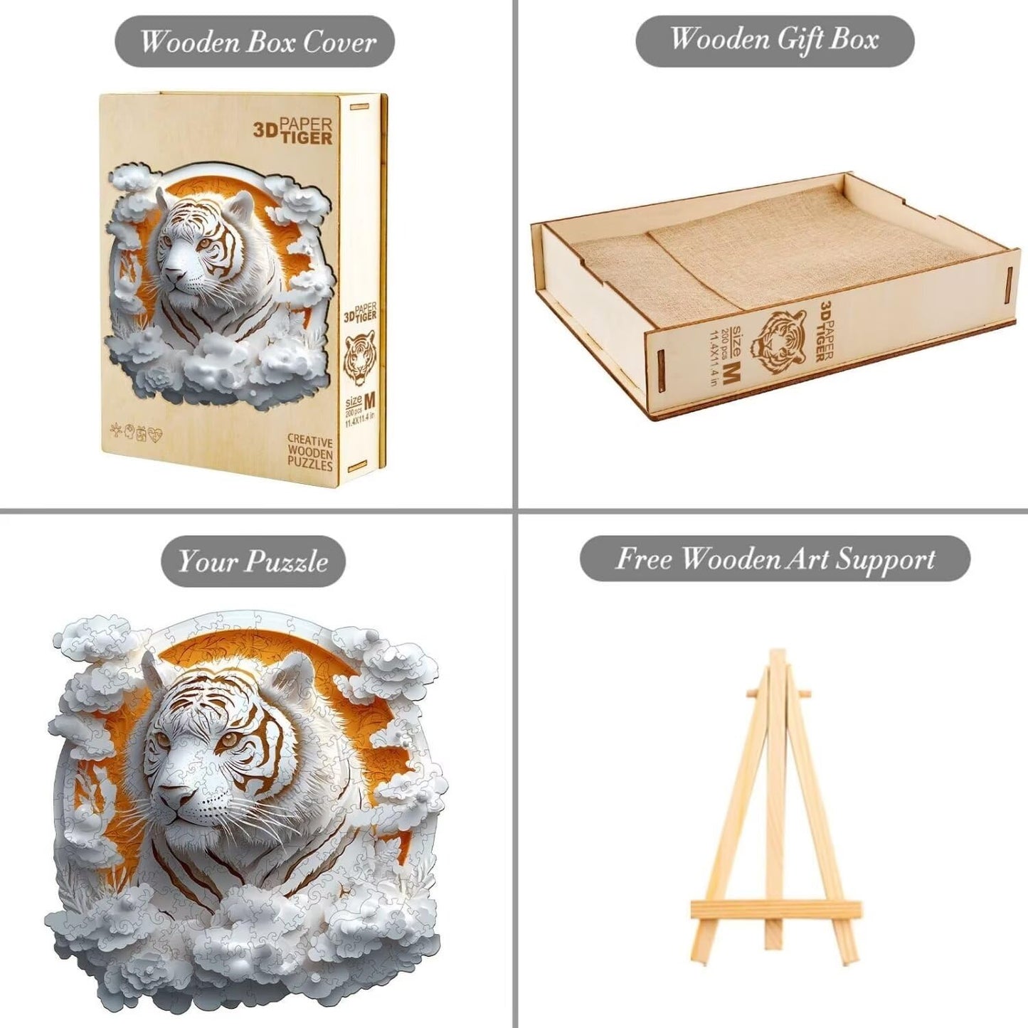 Jollitot White Tiger 3D Wooden Puzzle - 300 Pieces, Irregular Paper-Cut Art