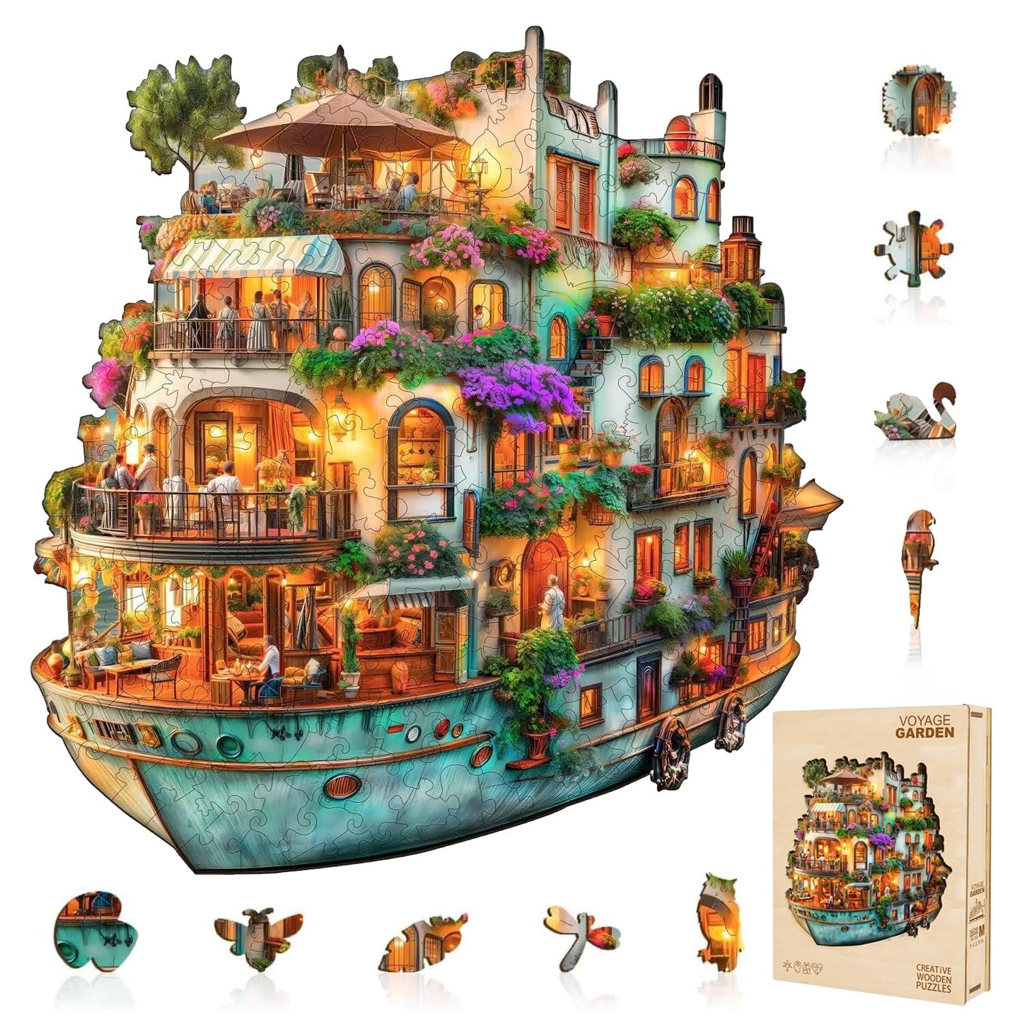 Jollitot Voyage Garden Ship Puzzles – 260-Piece Wooden Jigsaw for Adults, Unique Animal Shapes