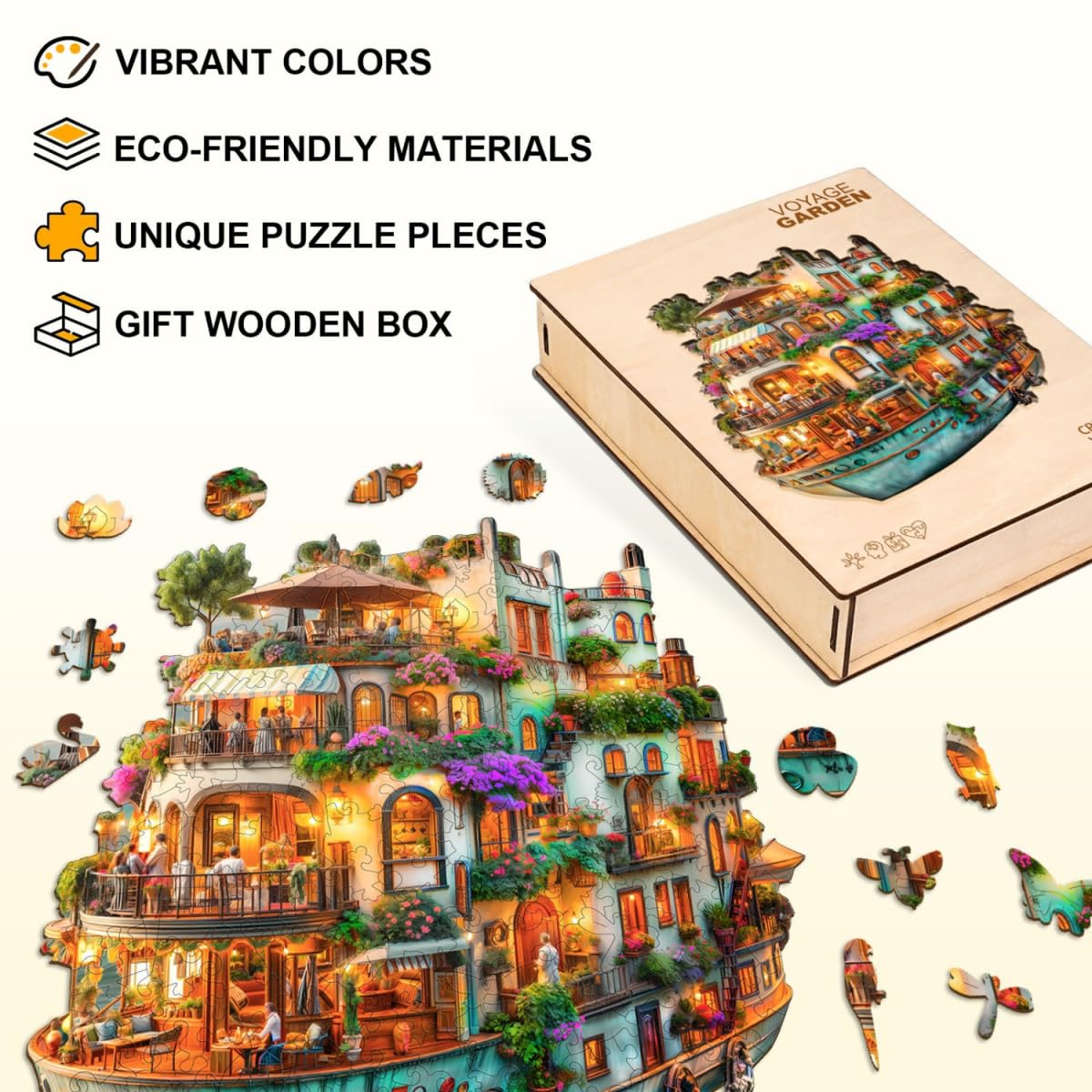 Jollitot Voyage Garden Ship Puzzles – 260-Piece Wooden Jigsaw for Adults, Unique Animal Shapes