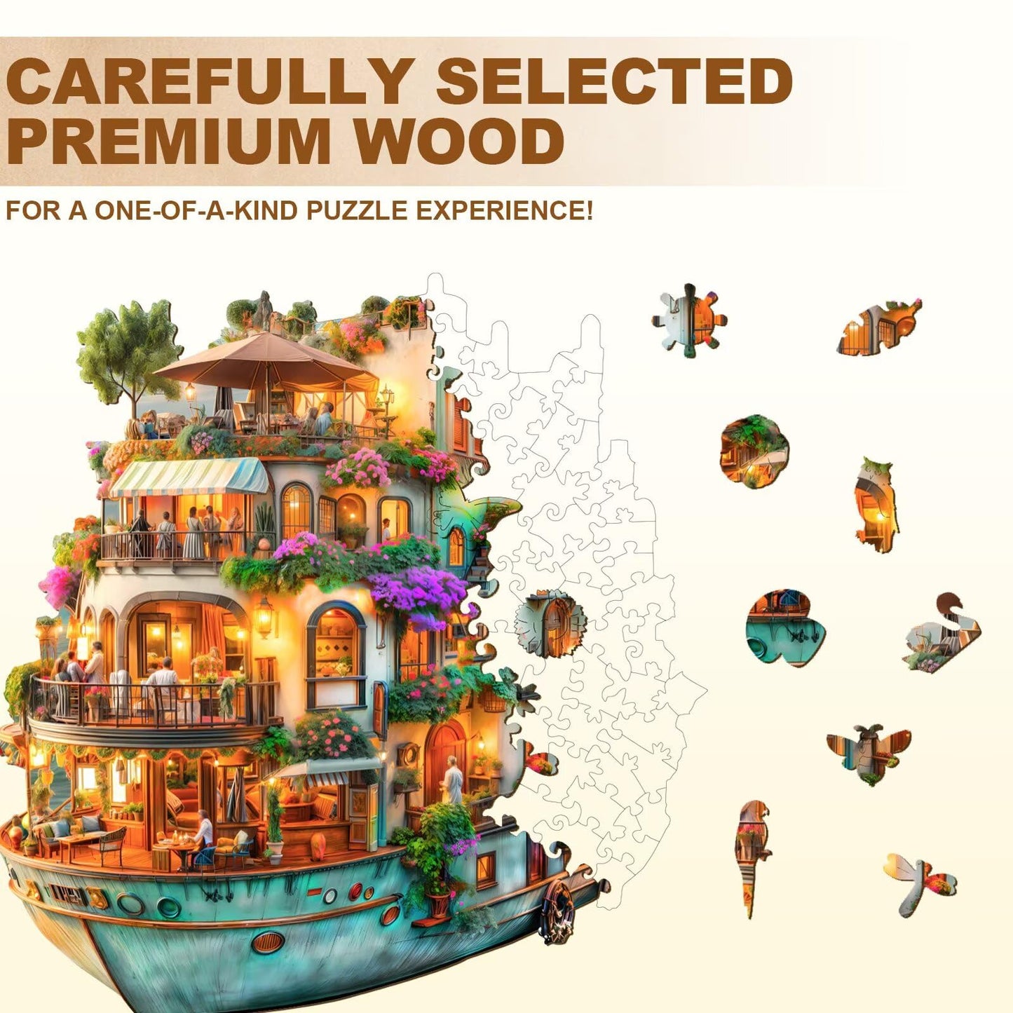 Jollitot Voyage Garden Ship Puzzles – 260-Piece Wooden Jigsaw for Adults, Unique Animal Shapes