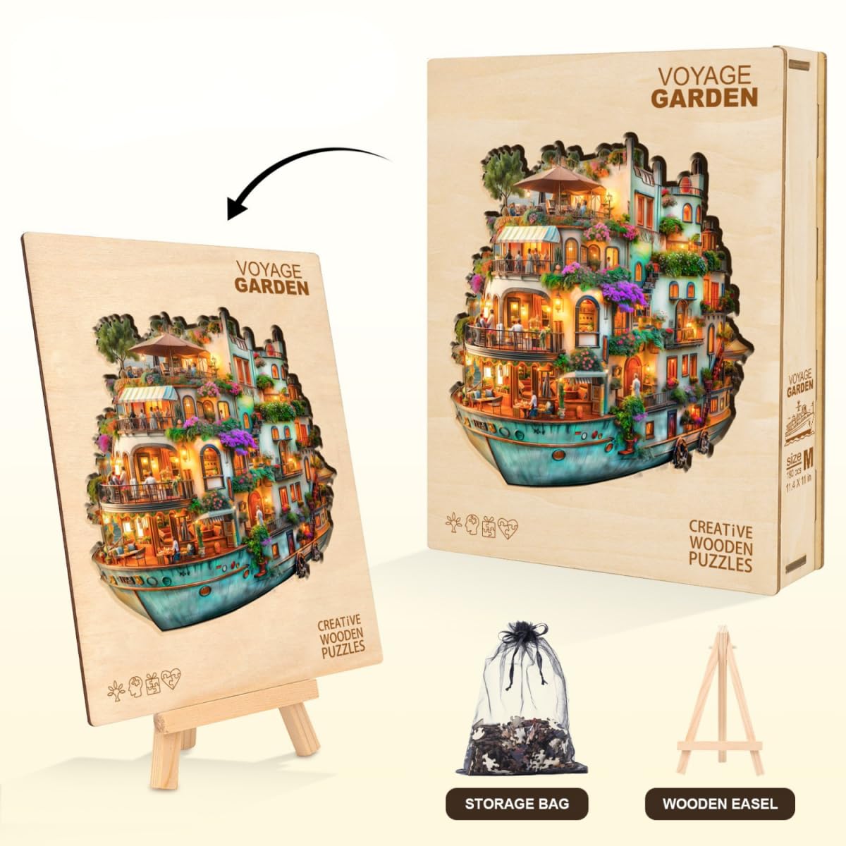 Jollitot Voyage Garden Ship Puzzles – 260-Piece Wooden Jigsaw for Adults, Unique Animal Shapes