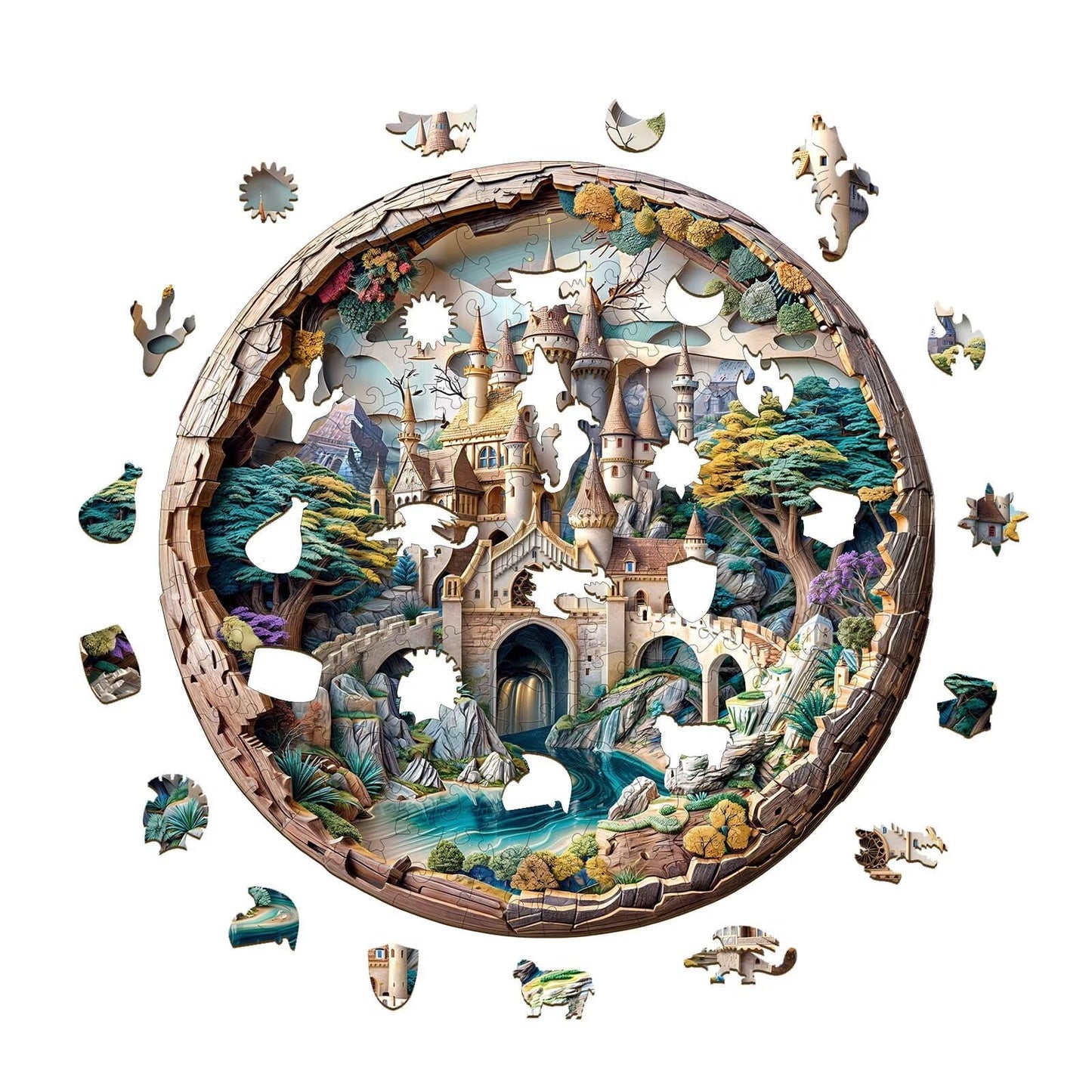Jollitot Wooden Round Castle Puzzle – 300-Piece 3D Fantasy Jigsaw, Wall Art (13.4x13.4in)