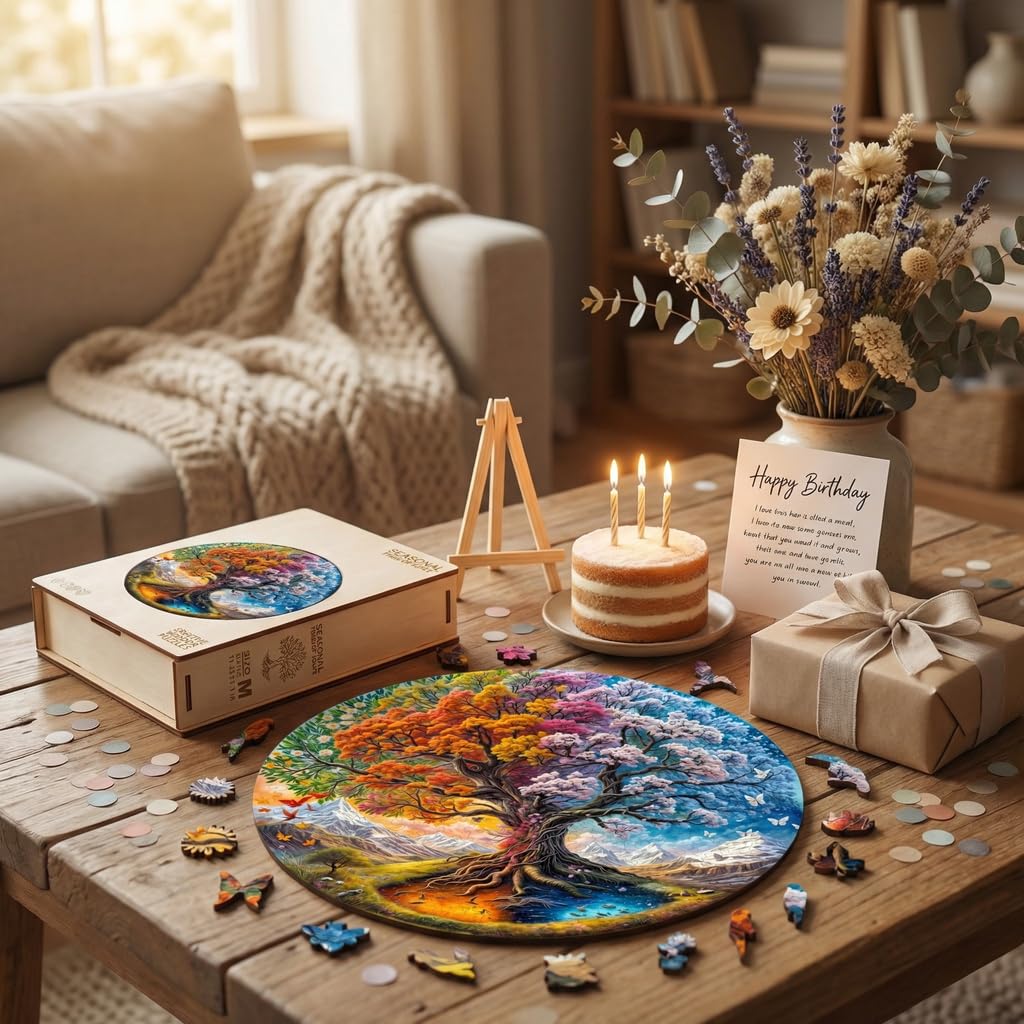 Jollitot Wooden Puzzles for Adults – Round 100-Piece Tree of Life Seasonal Mandala | Unique Animal Shapes