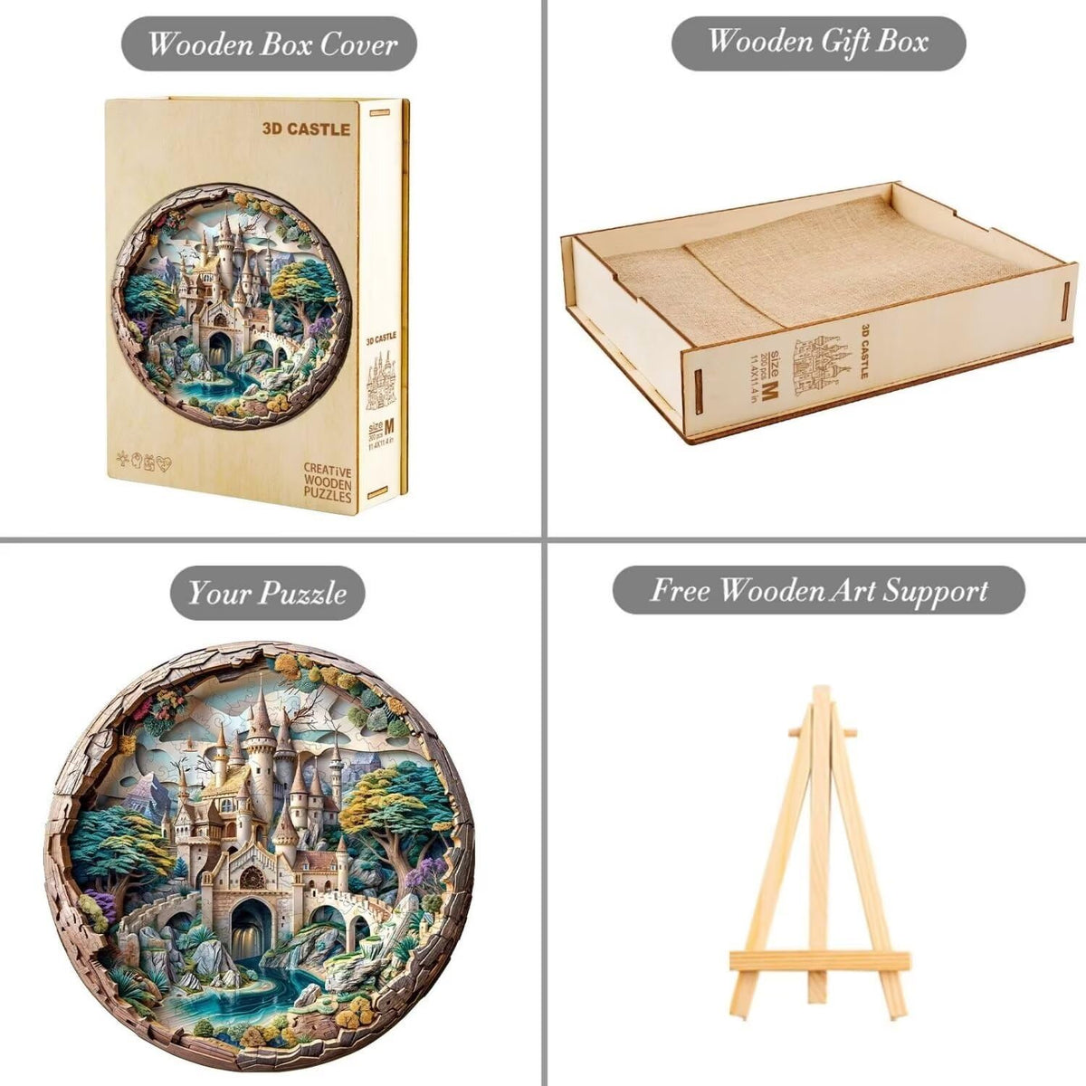 Jollitot Wooden Round Castle Puzzle – 300-Piece 3D Fantasy Jigsaw, Wall Art (13.4x13.4in)