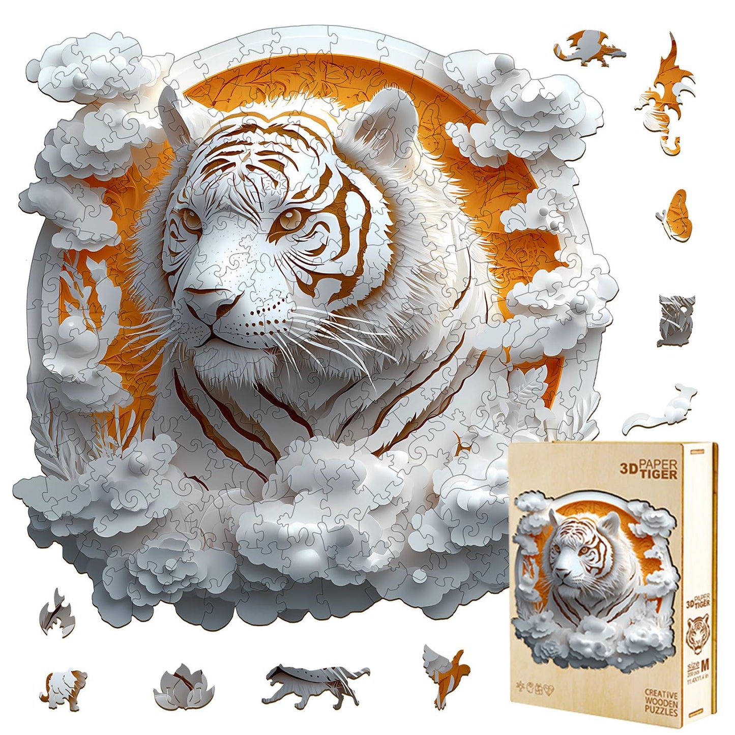Jollitot White Tiger 3D Wooden Puzzle - 300 Pieces, Irregular Paper-Cut Art