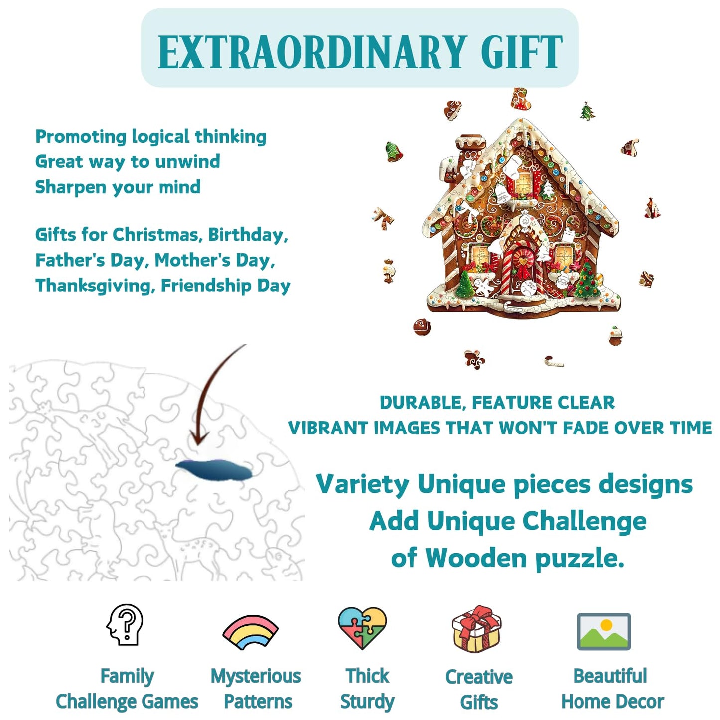 Jollitot Wooden Christmas Puzzle – Gingerbread House 250 Pieces, 13.4x13.2in | Premium Wooden Jigsaw