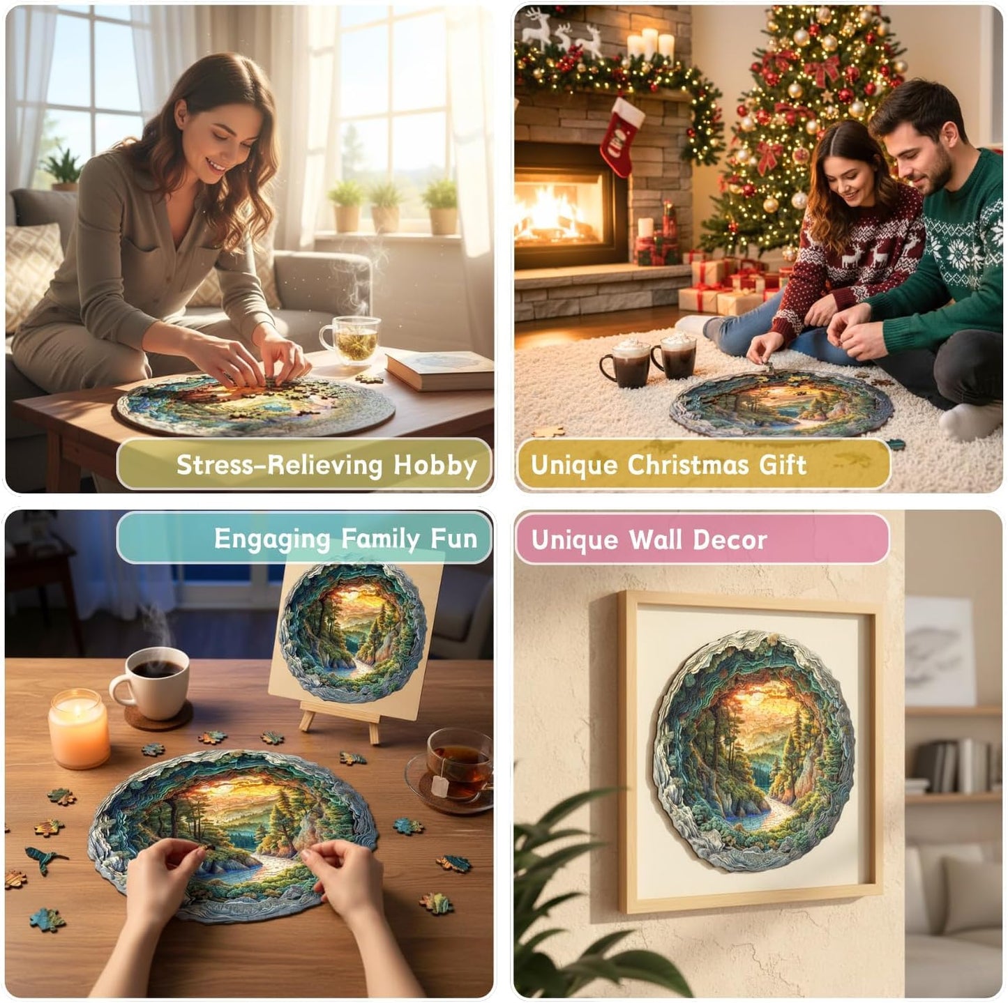 Jollitot Round 3D Cave Forest Wooden Puzzle – 200 Pieces | Wall Art Gift (11.4in)