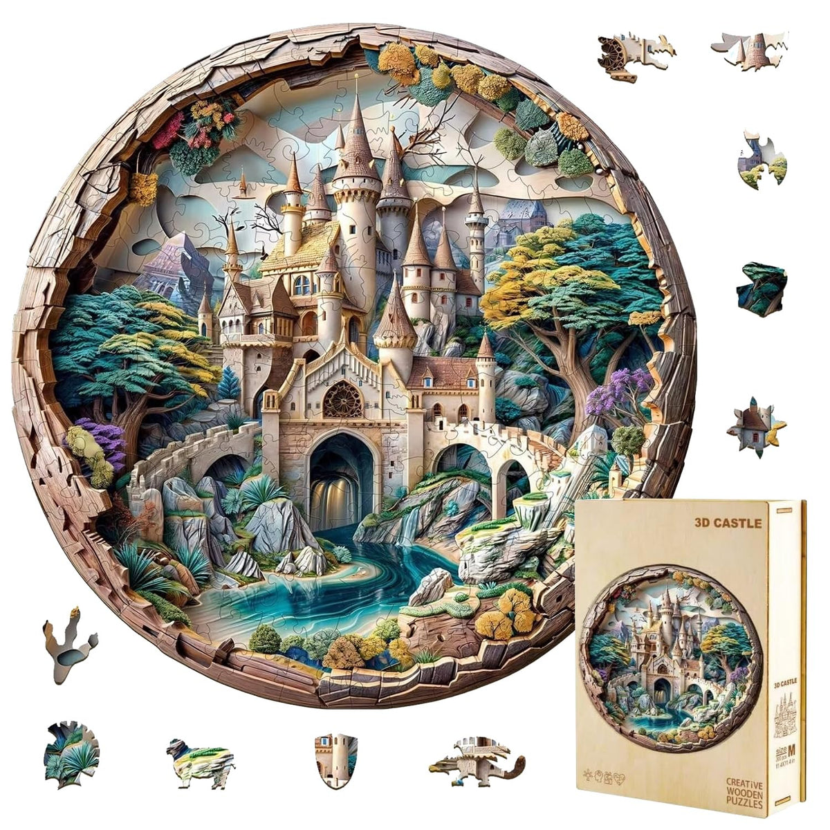 Jollitot Wooden Round Castle Puzzle – 300-Piece 3D Fantasy Jigsaw, Wall Art (13.4x13.4in)
