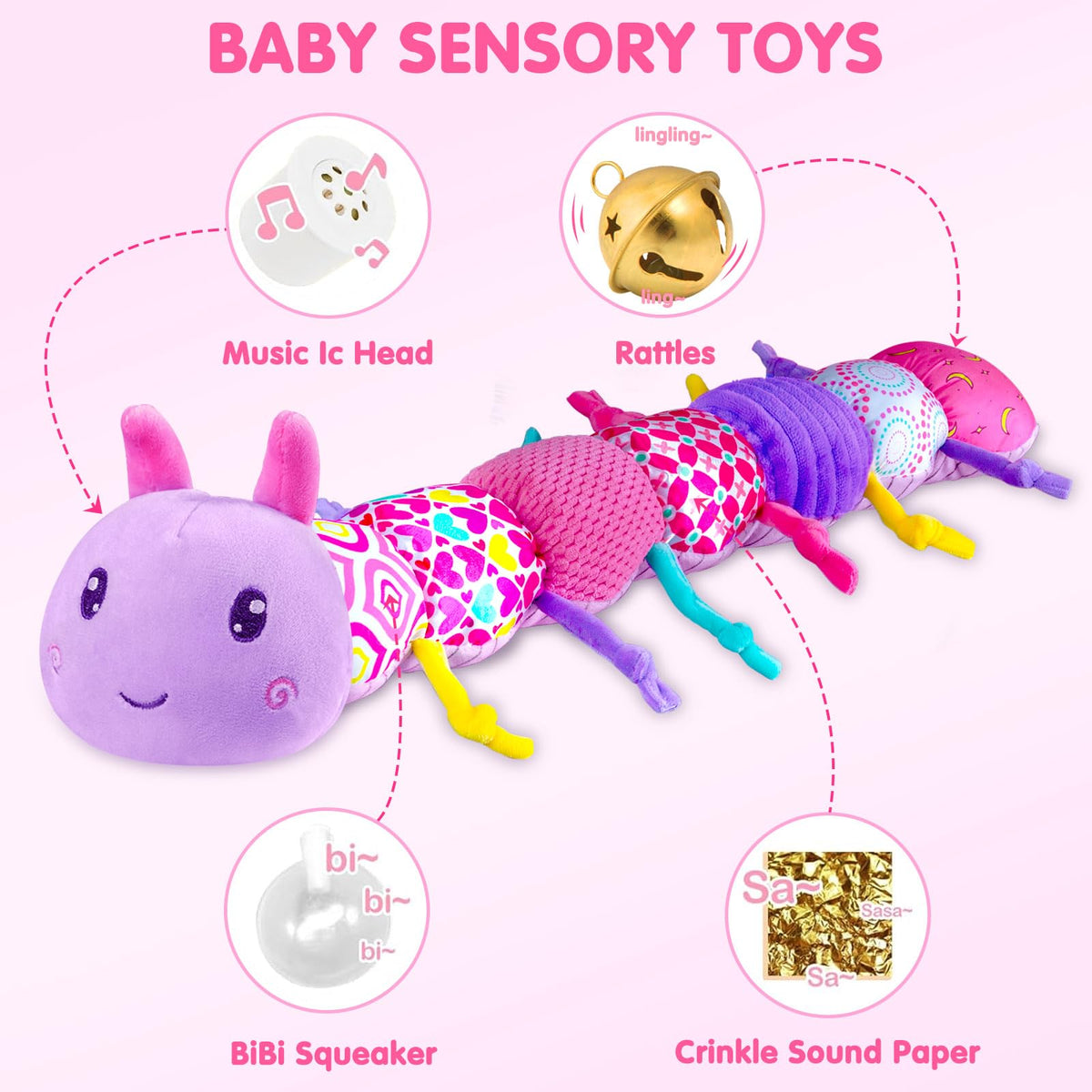 Jollybaby Baby Infant Musical Caterpillar Toy – 4-in-1 Crinkle, Rattle & Textures for 0-12 Months