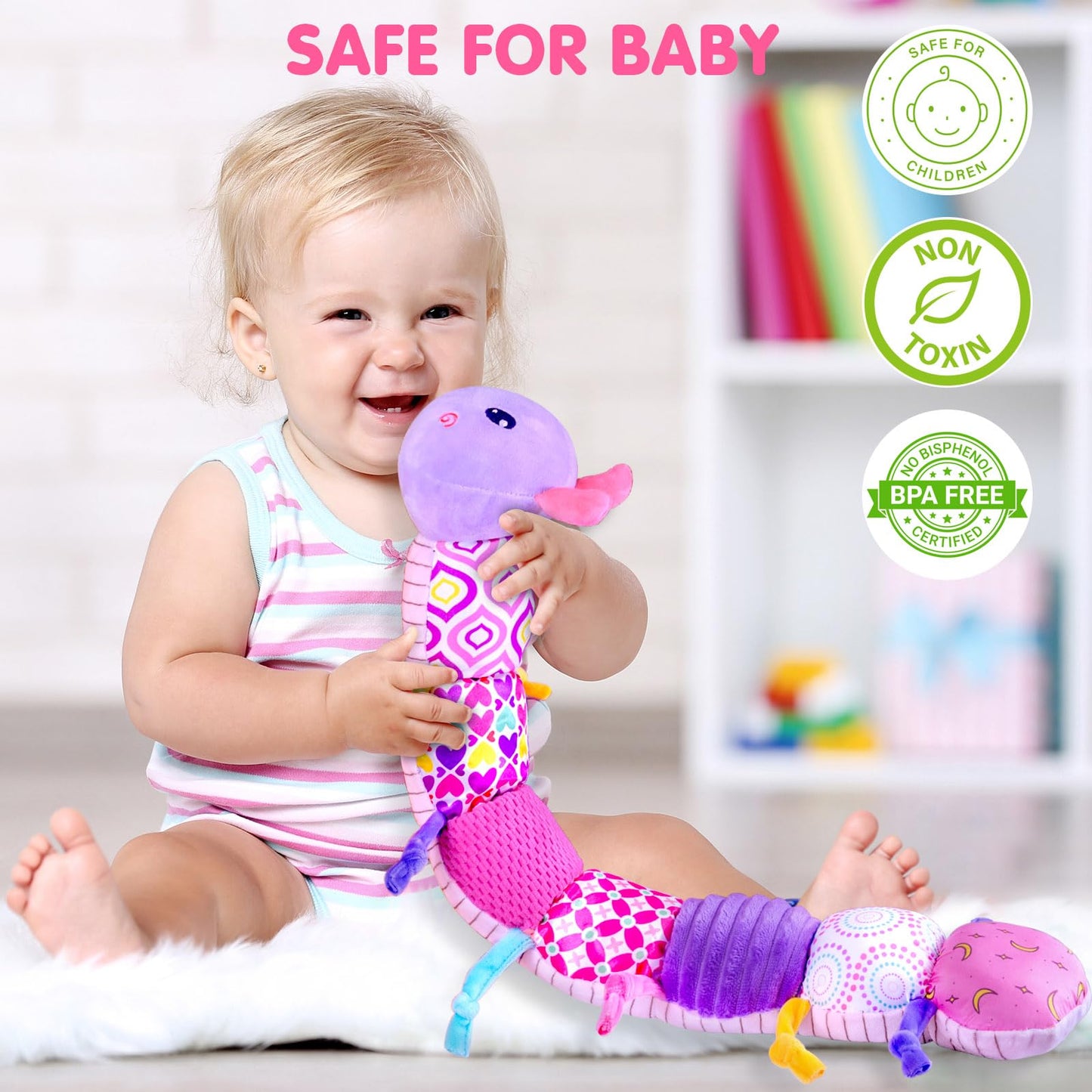 Jollybaby Baby Infant Musical Caterpillar Toy – 4-in-1 Crinkle, Rattle & Textures for 0-12 Months