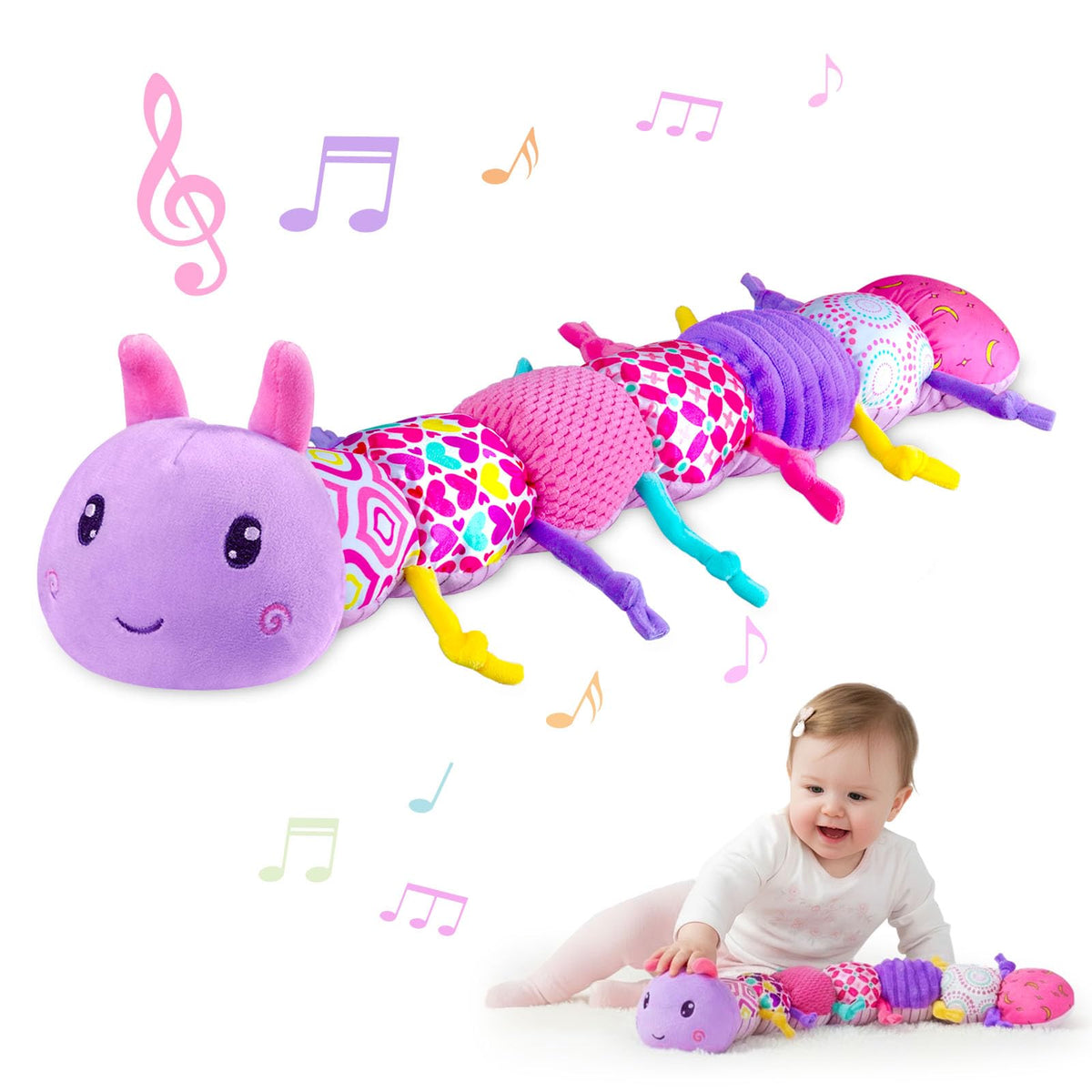 Jollybaby Baby Infant Musical Caterpillar Toy – 4-in-1 Crinkle, Rattle & Textures for 0-12 Months