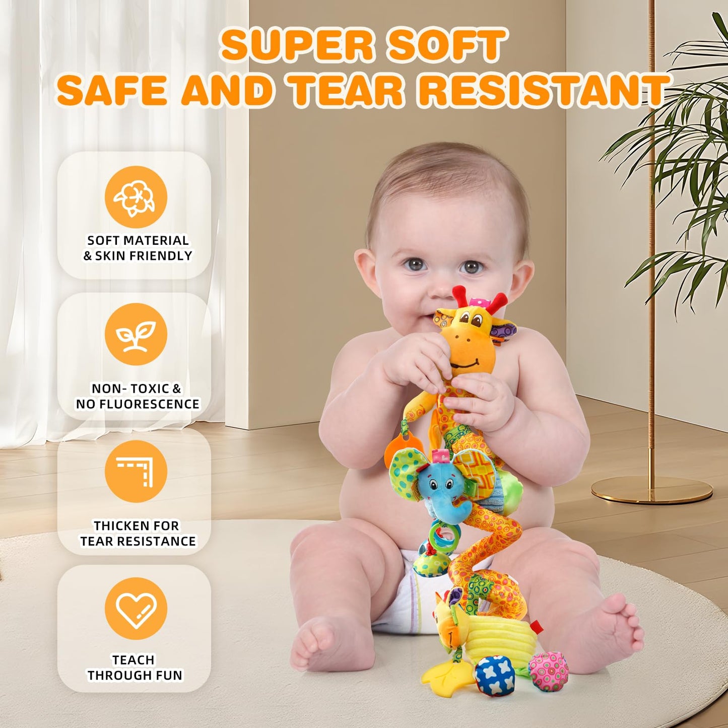 Jollybaby Giraffe Crib Toy & Teether for Babies 0-12 Months — Sensory Play, Music Box, Spiral Clip