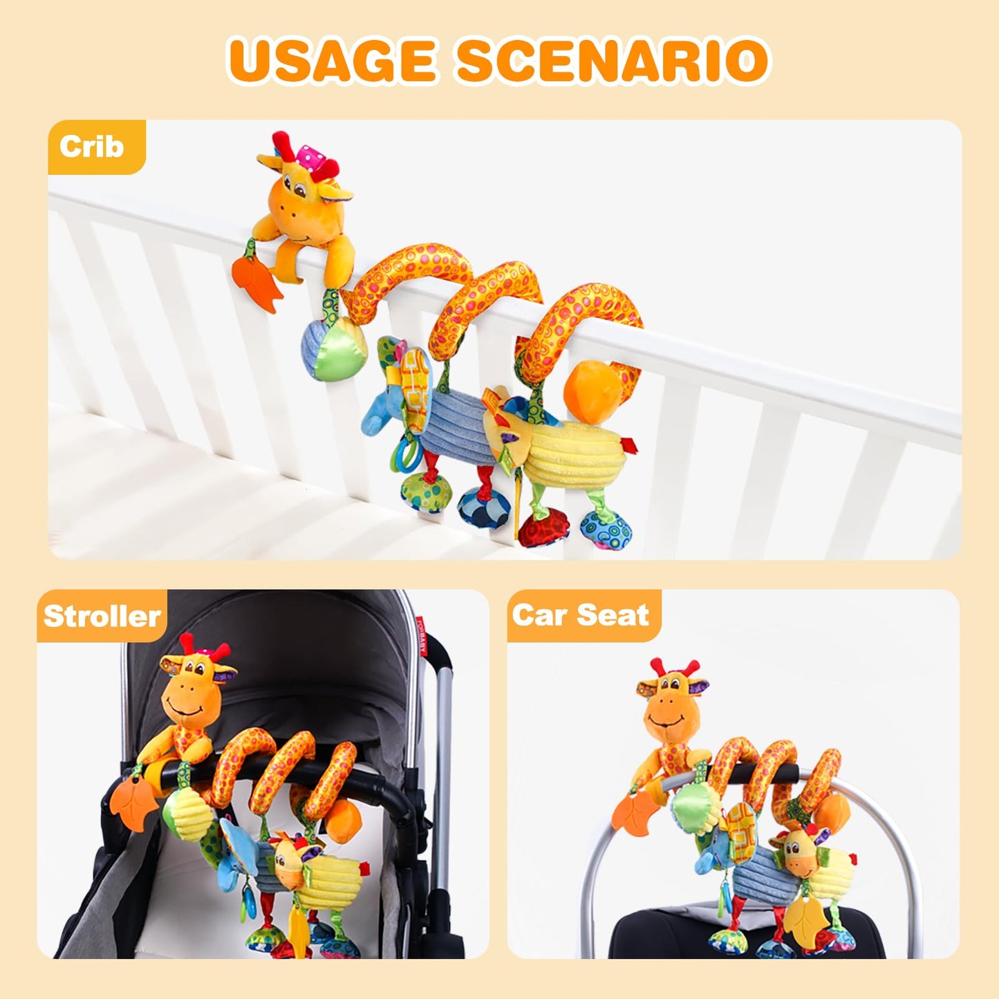 Jollybaby Giraffe Crib Toy & Teether for Babies 0-12 Months — Sensory Play, Music Box, Spiral Clip