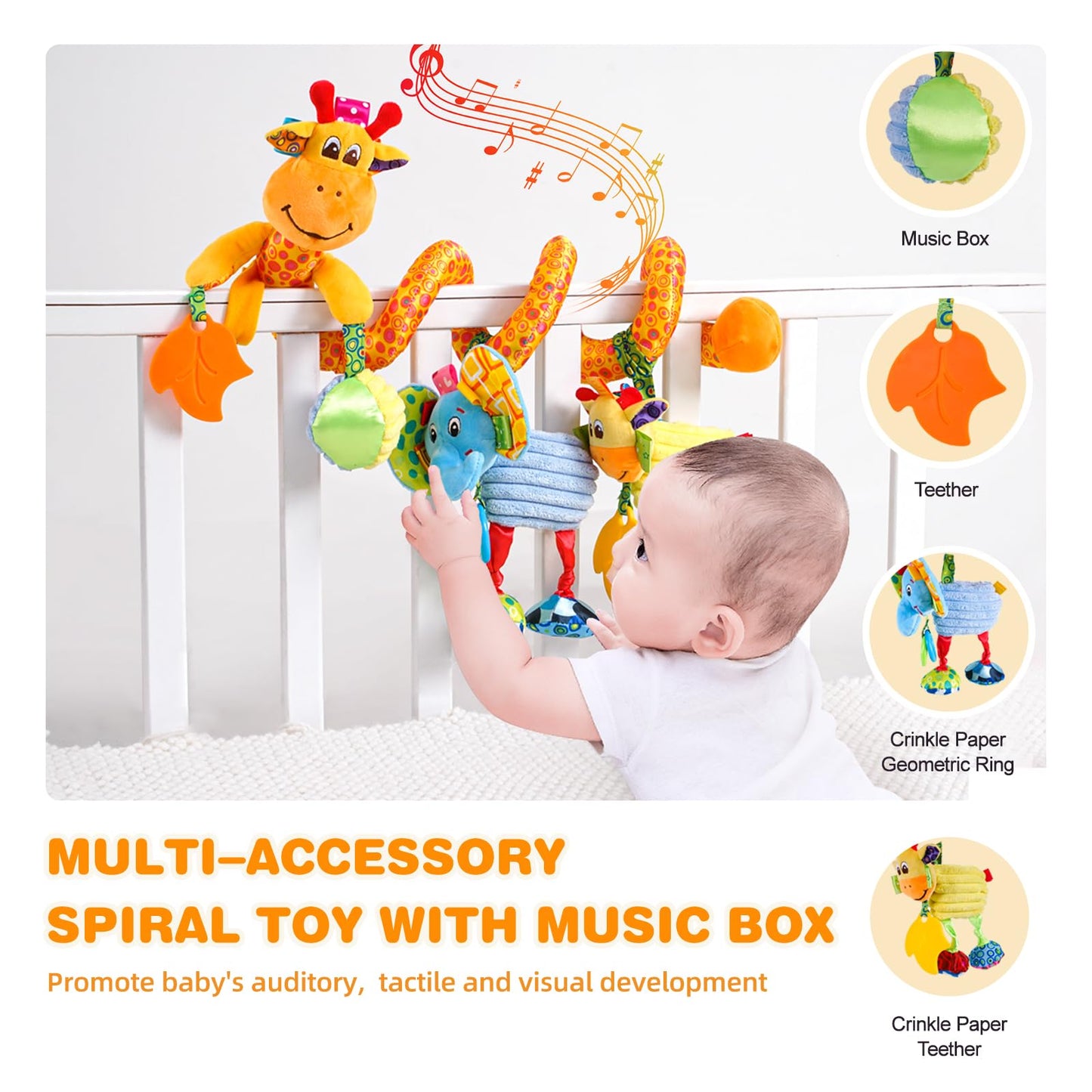 Jollybaby Giraffe Crib Toy & Teether for Babies 0-12 Months — Sensory Play, Music Box, Spiral Clip
