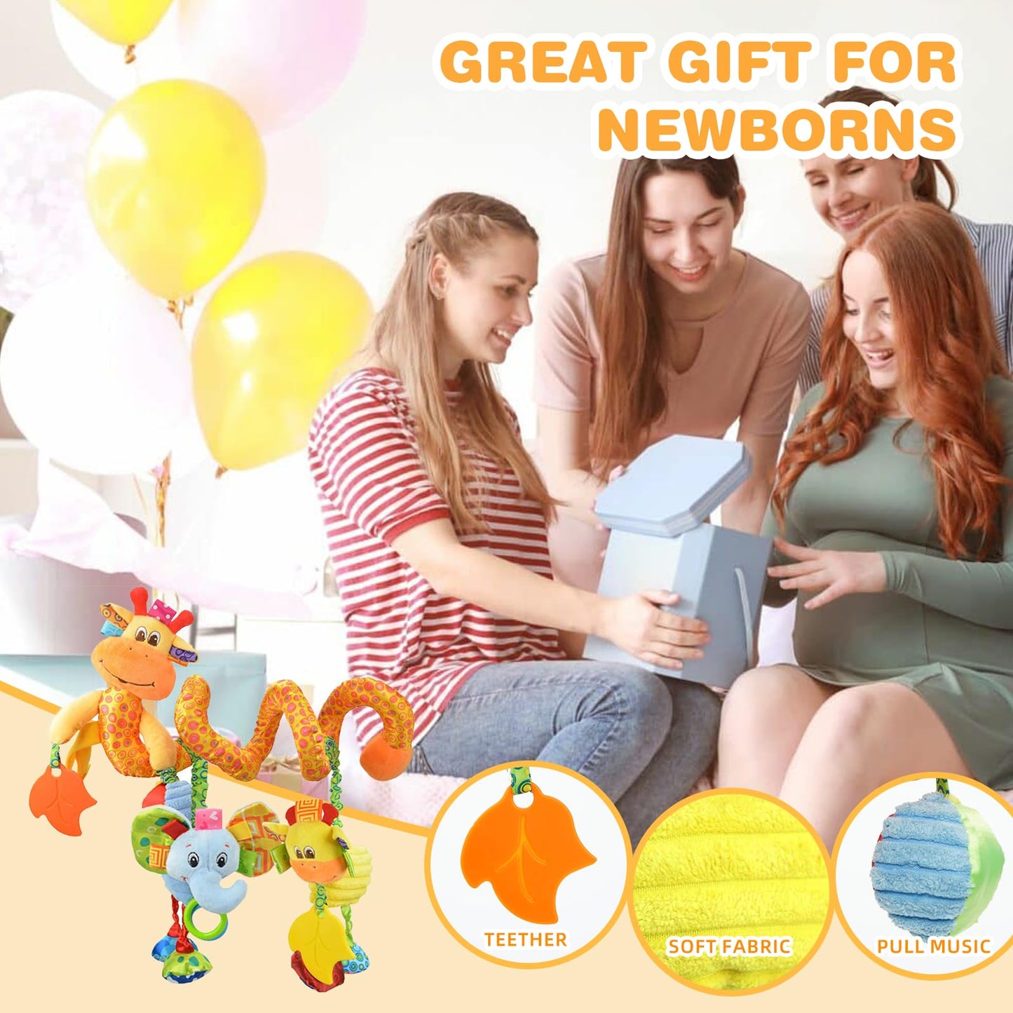 Jollybaby Giraffe Crib Toy & Teether for Babies 0-12 Months — Sensory Play, Music Box, Spiral Clip