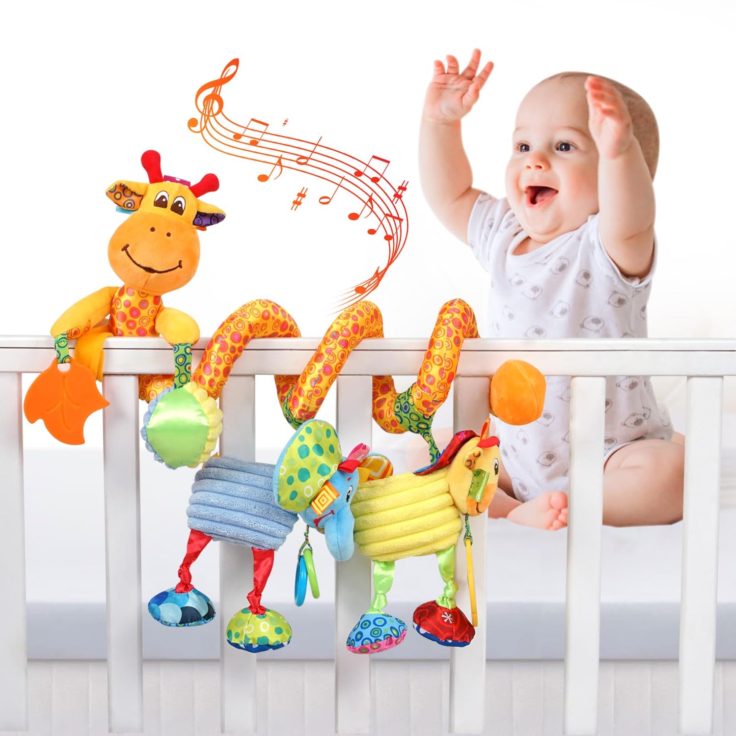 Jollybaby Giraffe Crib Toy & Teether for Babies 0-12 Months — Sensory Play, Music Box, Spiral Clip