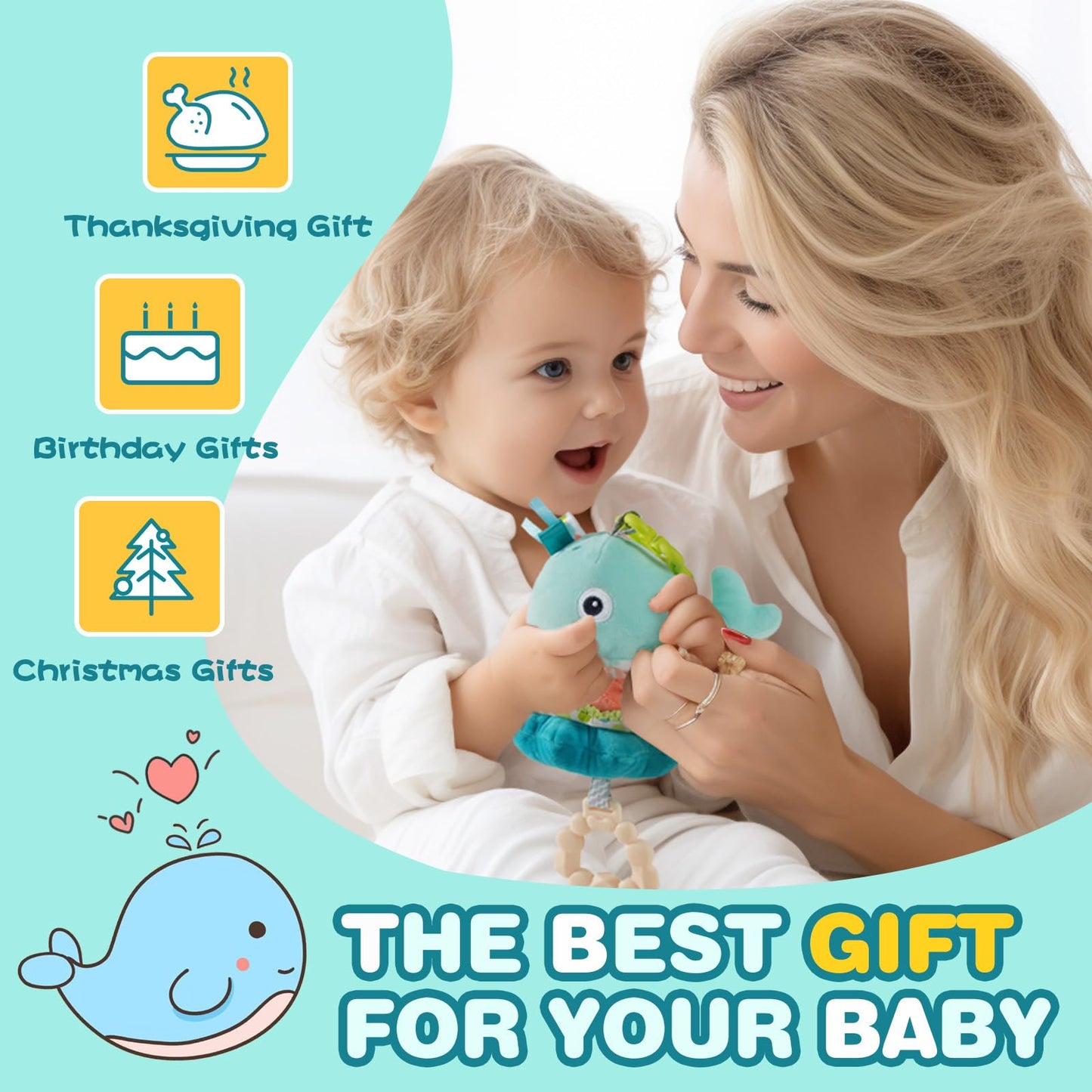 Jollybaby Whale Musical Pull String Toy – Sensory Plush for Stroller, Car Seat & Crib