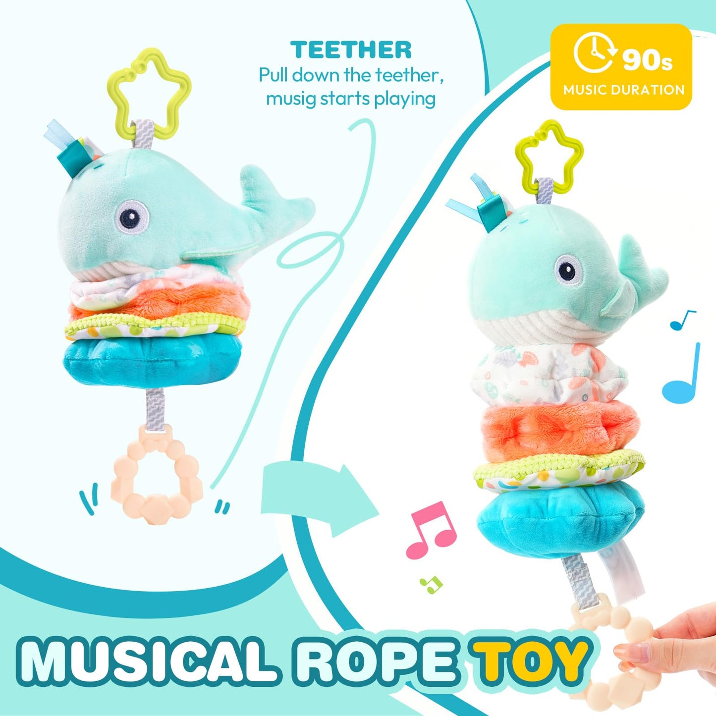 Jollybaby Whale Musical Pull String Toy – Sensory Plush for Stroller, Car Seat & Crib