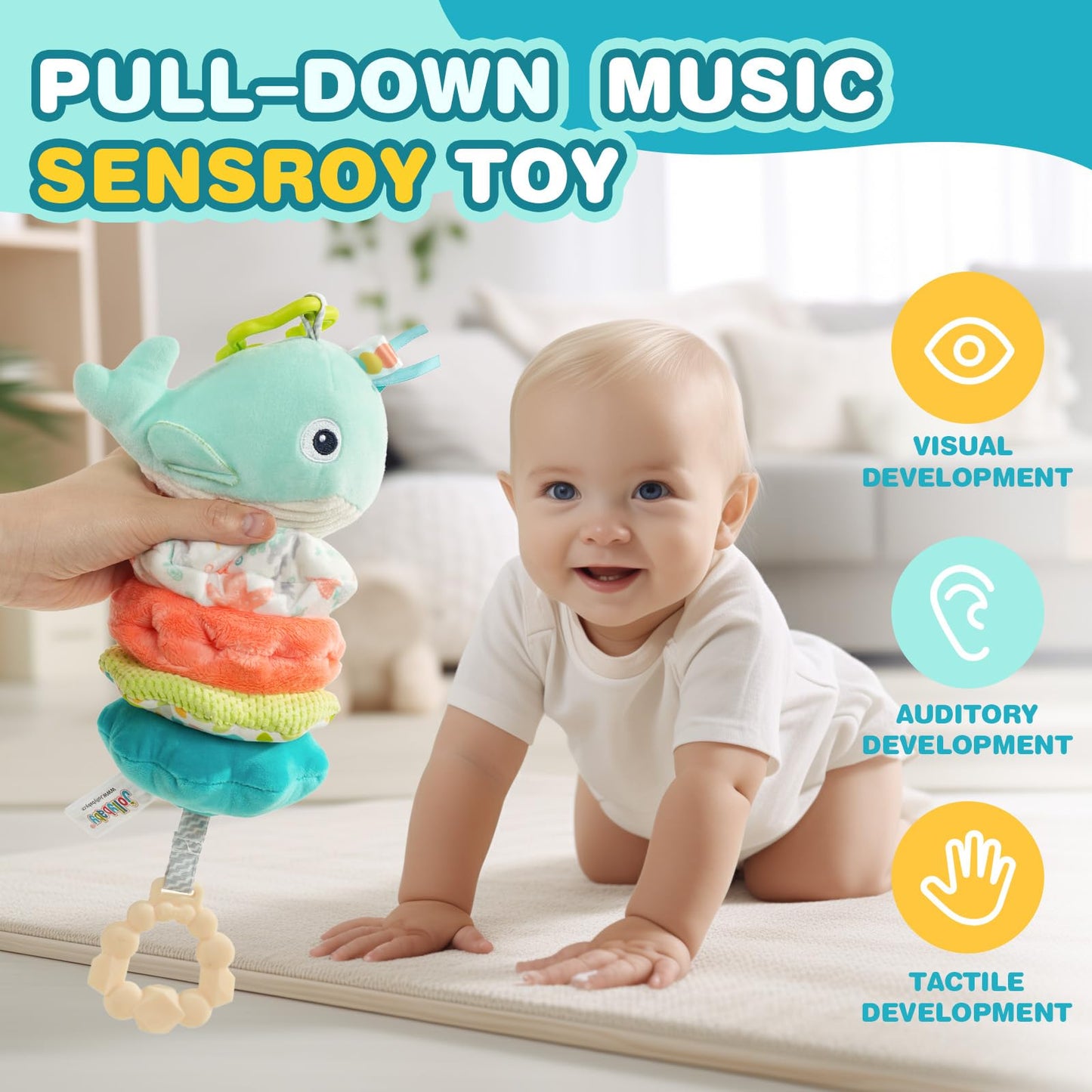 Jollybaby Whale Musical Pull String Toy – Sensory Plush for Stroller, Car Seat & Crib