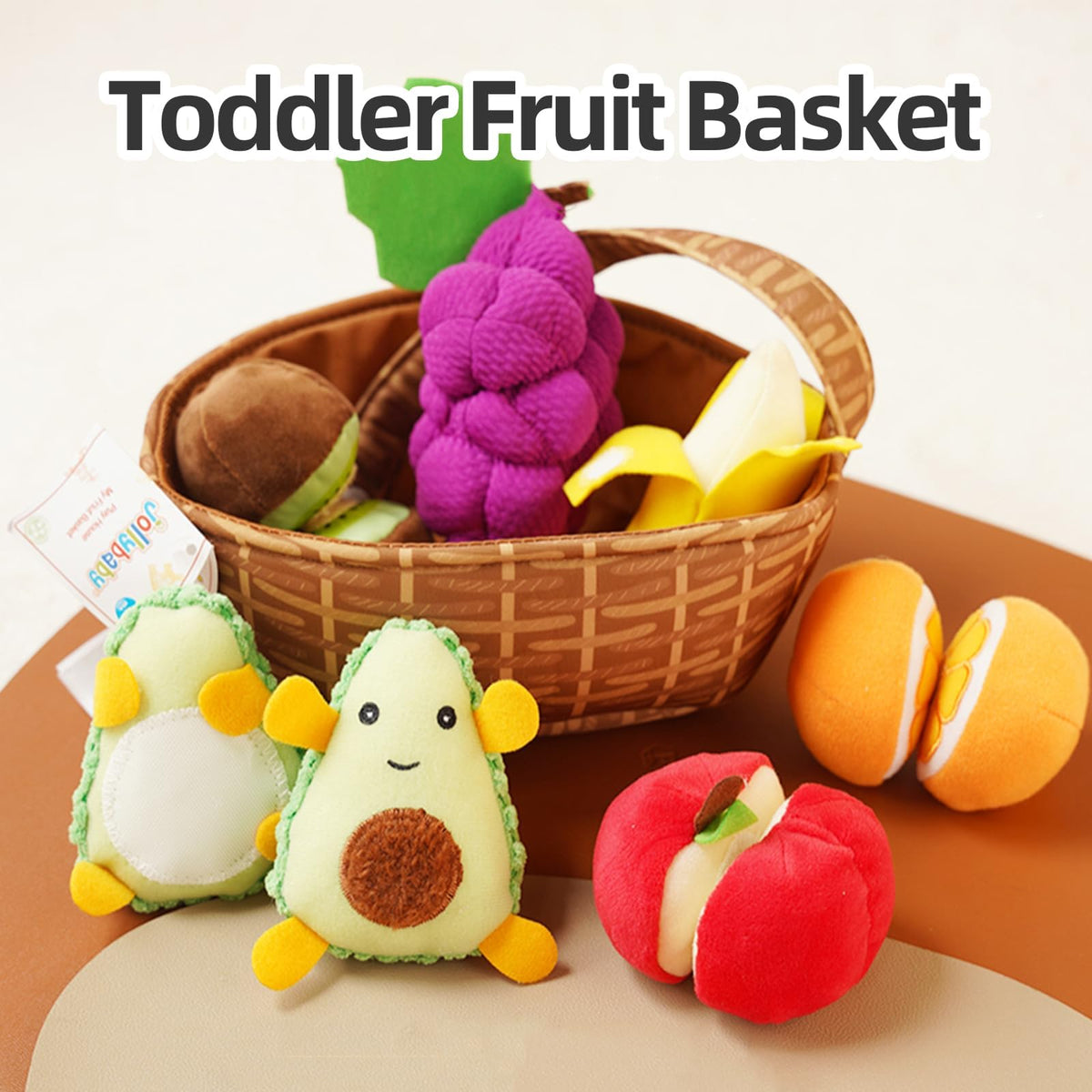 Jollybaby Toddler Plush Fruit Basket: Soft Montessori Pretend Play Food Set