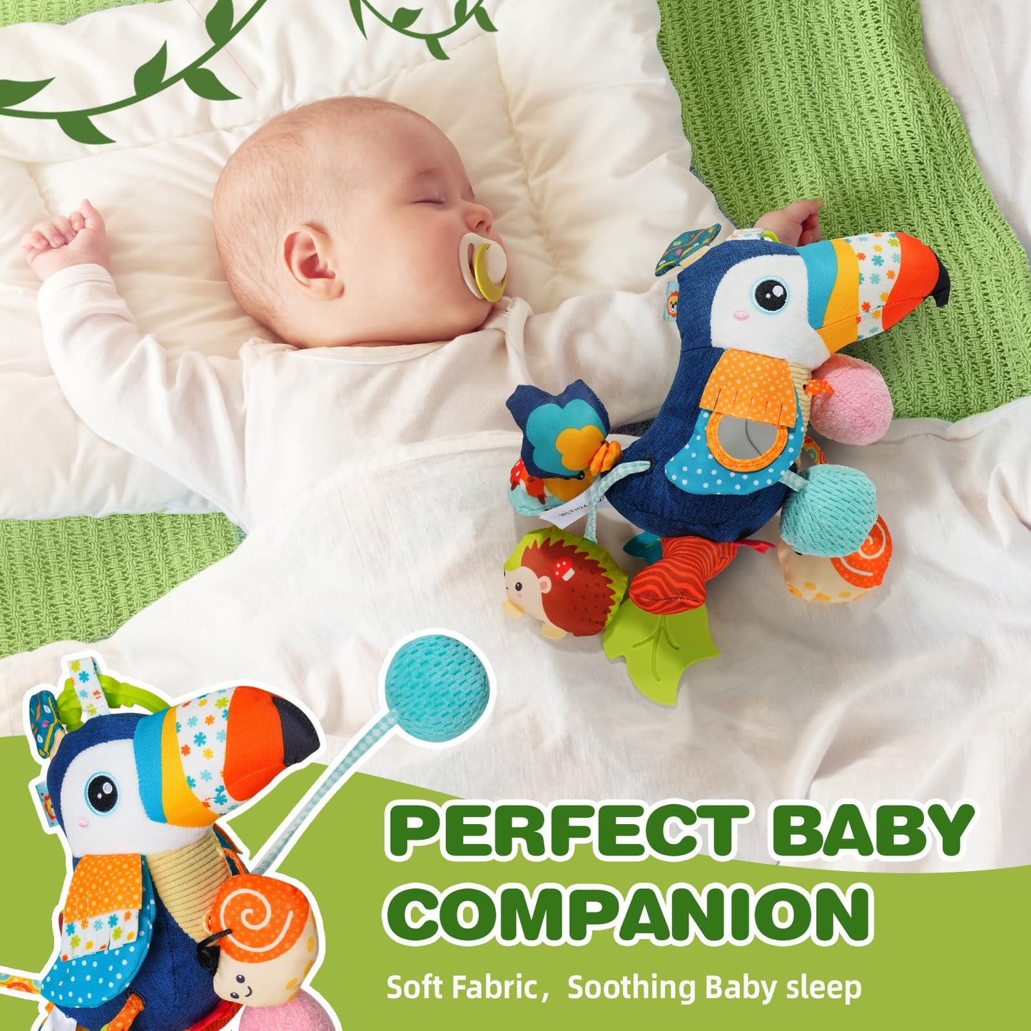 Jollybaby Musical Toucan Hanging Toy for Stroller, Car Seat & Crib — Plush Pull-String Toy with Music
