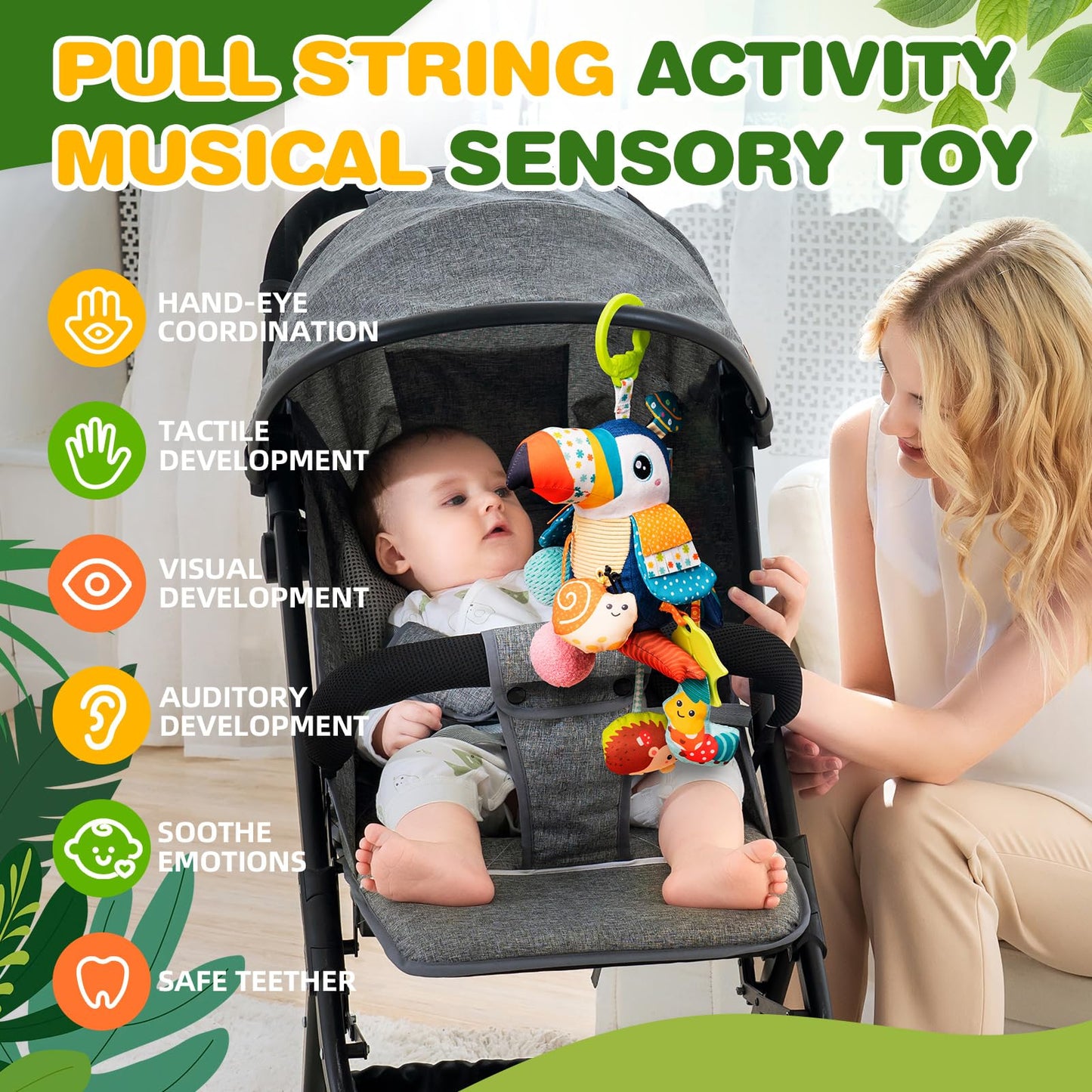 Jollybaby Musical Toucan Hanging Toy for Stroller, Car Seat & Crib — Plush Pull-String Toy with Music