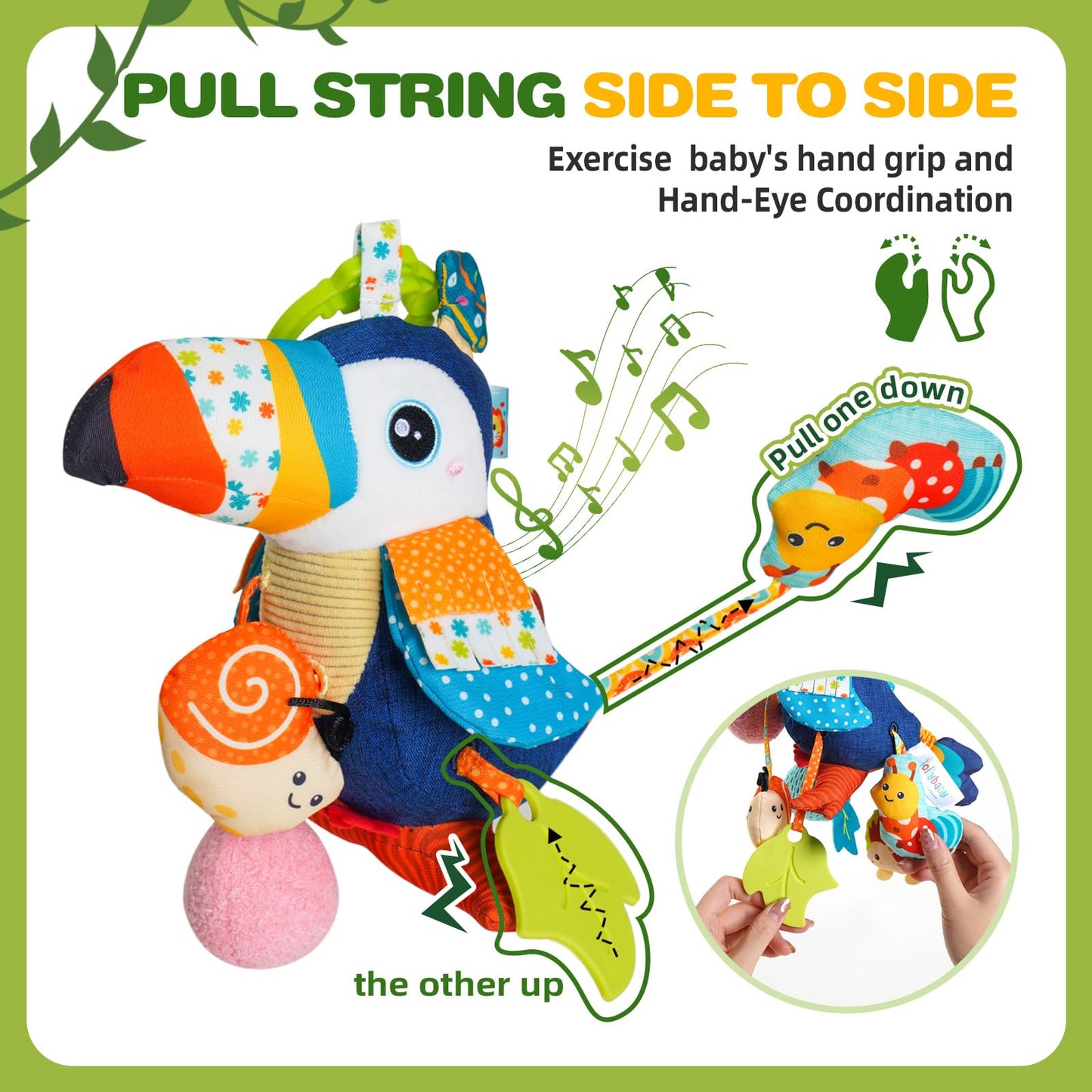 Jollybaby Musical Toucan Hanging Toy for Stroller, Car Seat & Crib — Plush Pull-String Toy with Music