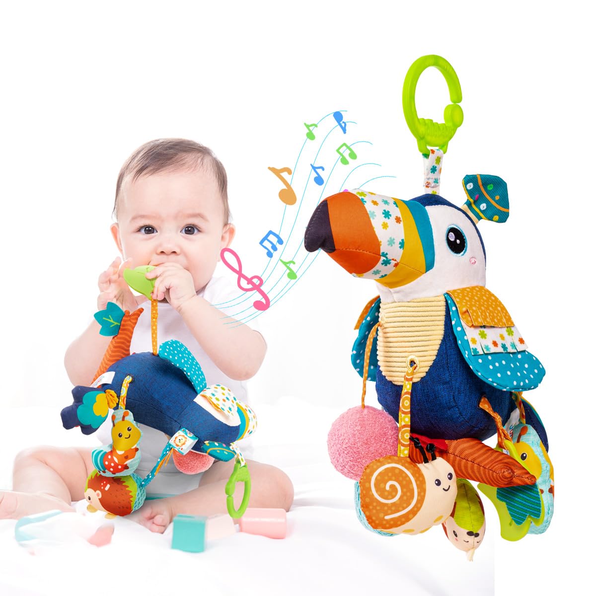Jollybaby Musical Toucan Hanging Toy for Stroller, Car Seat & Crib — Plush Pull-String Toy with Music