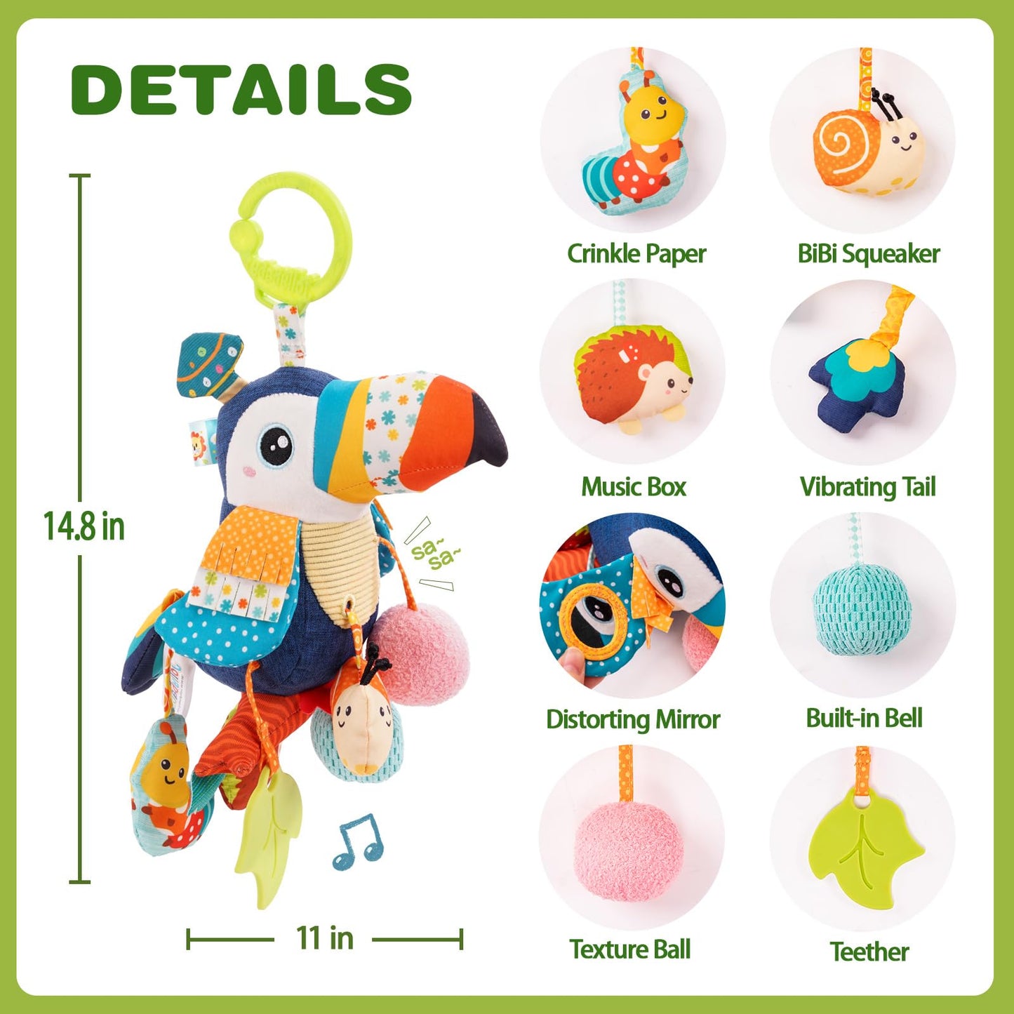 Jollybaby Musical Toucan Hanging Toy for Stroller, Car Seat & Crib — Plush Pull-String Toy with Music