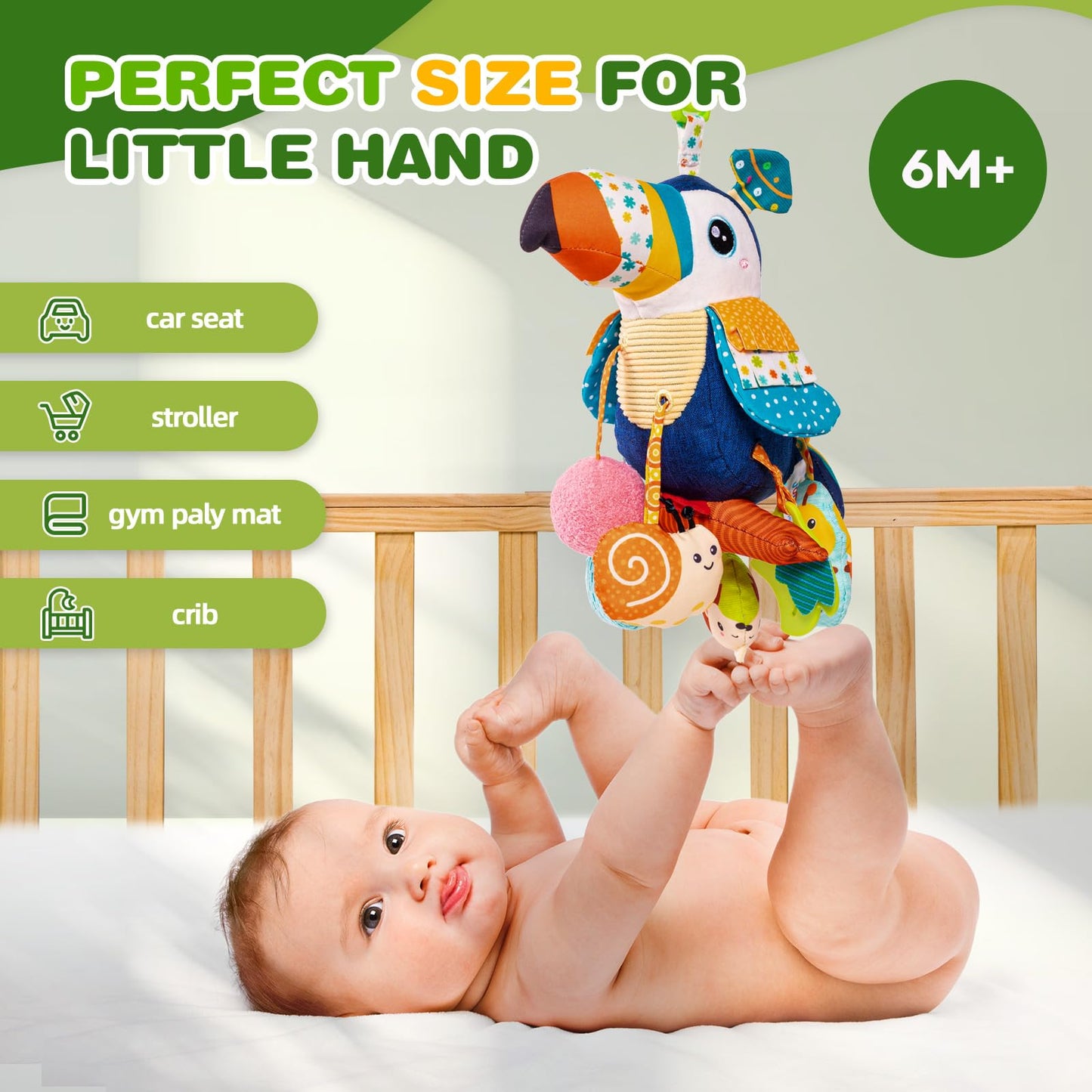 Jollybaby Musical Toucan Hanging Toy for Stroller, Car Seat & Crib — Plush Pull-String Toy with Music