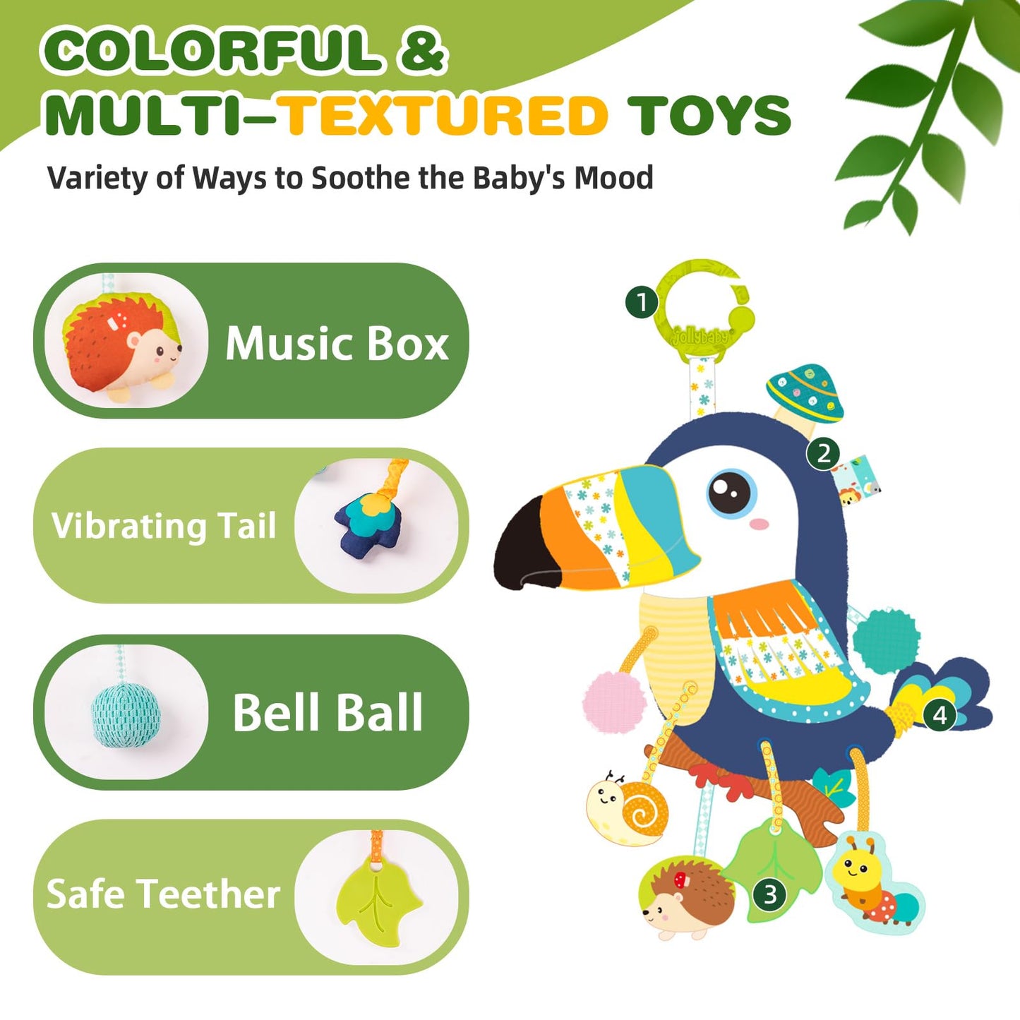 Jollybaby Musical Toucan Hanging Toy for Stroller, Car Seat & Crib — Plush Pull-String Toy with Music